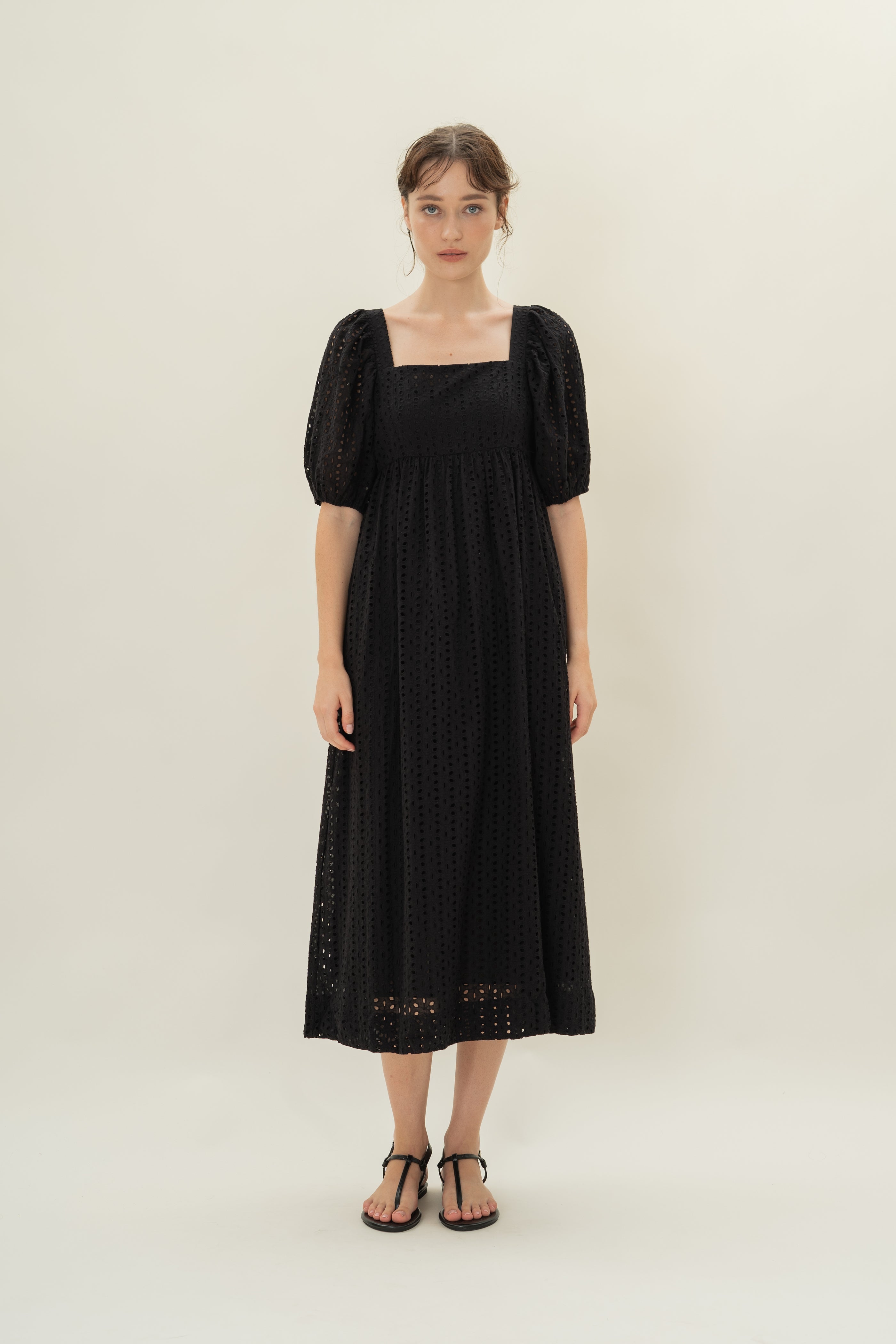 Broderie Midi Dress in Black