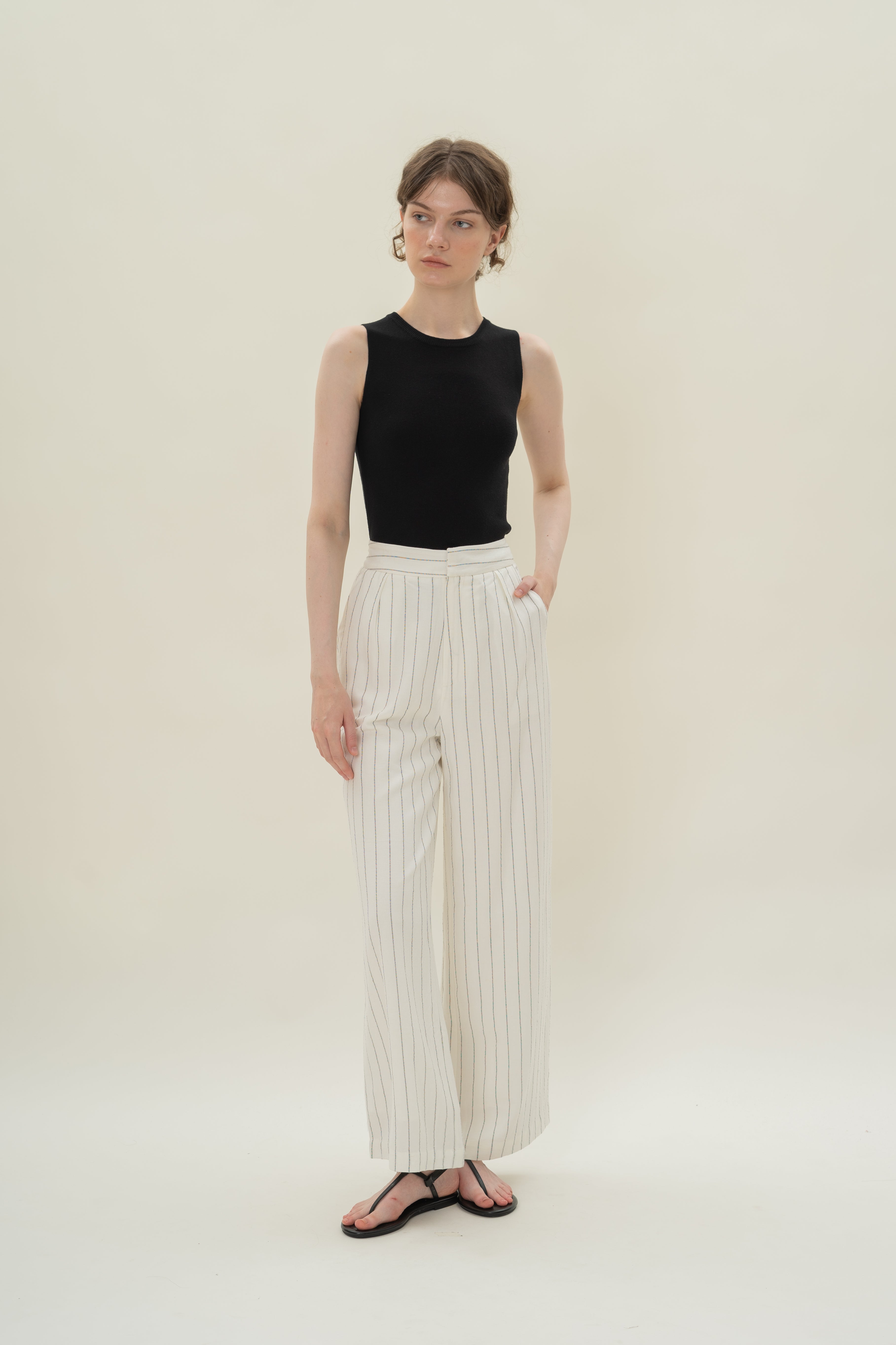 Pleated Linen Blend Trousers in White Stripes