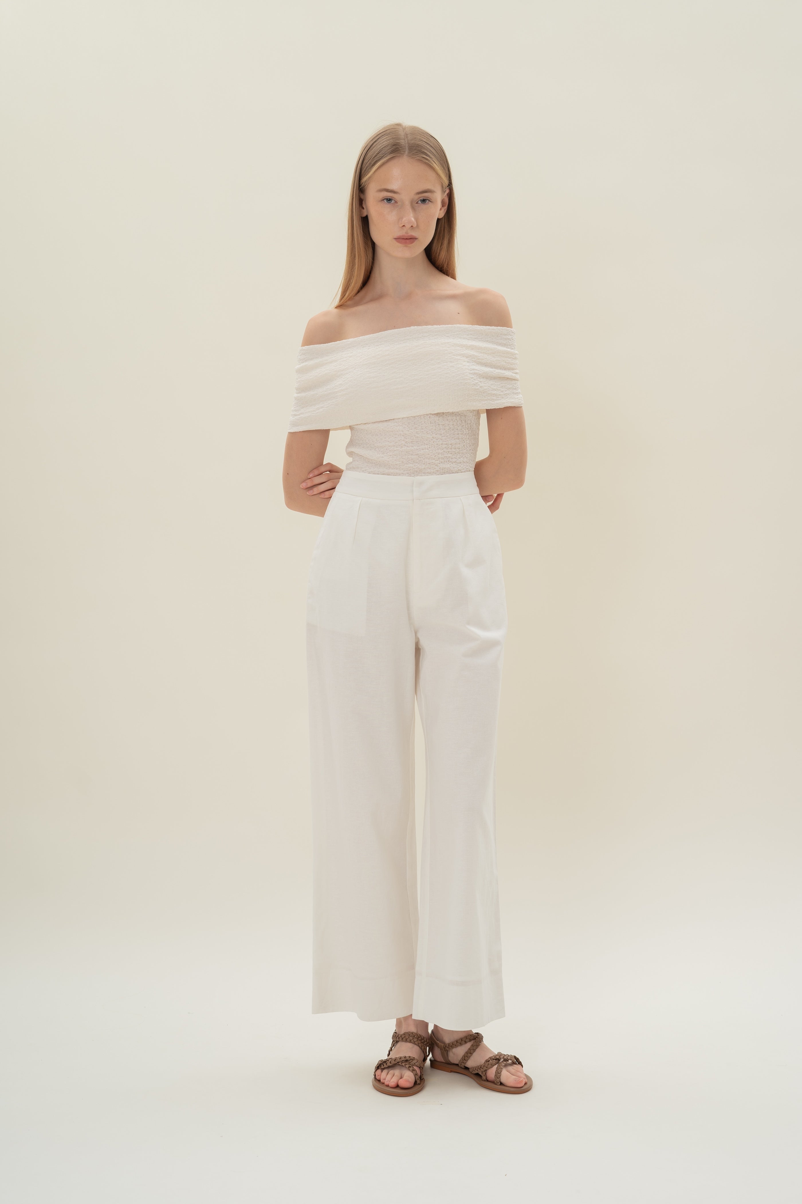 Crinkled Off Shoulder Wrap Top in Cloud