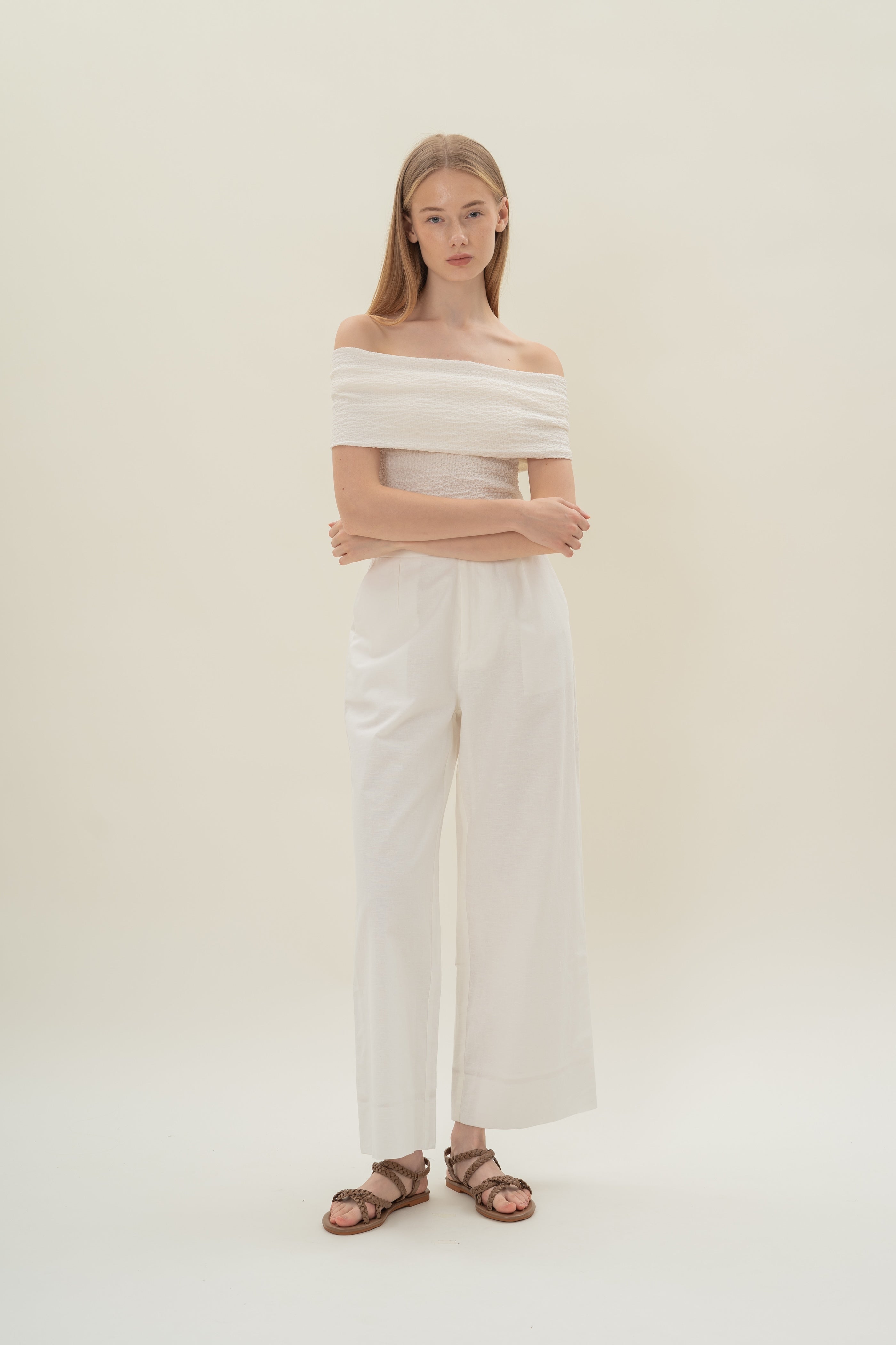 Crinkled Off Shoulder Wrap Top in Cloud