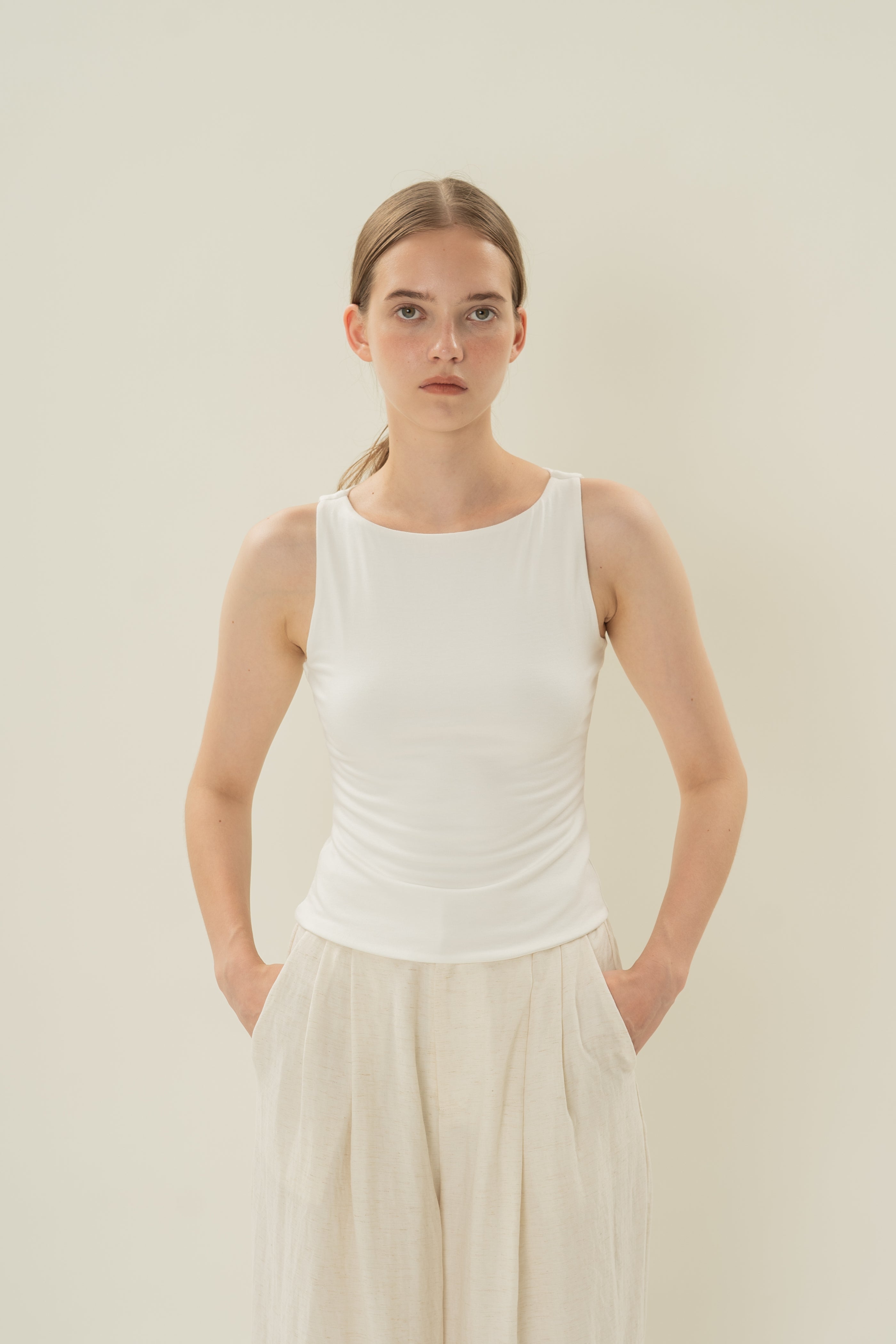 Boat Neck Stretch Tank in White