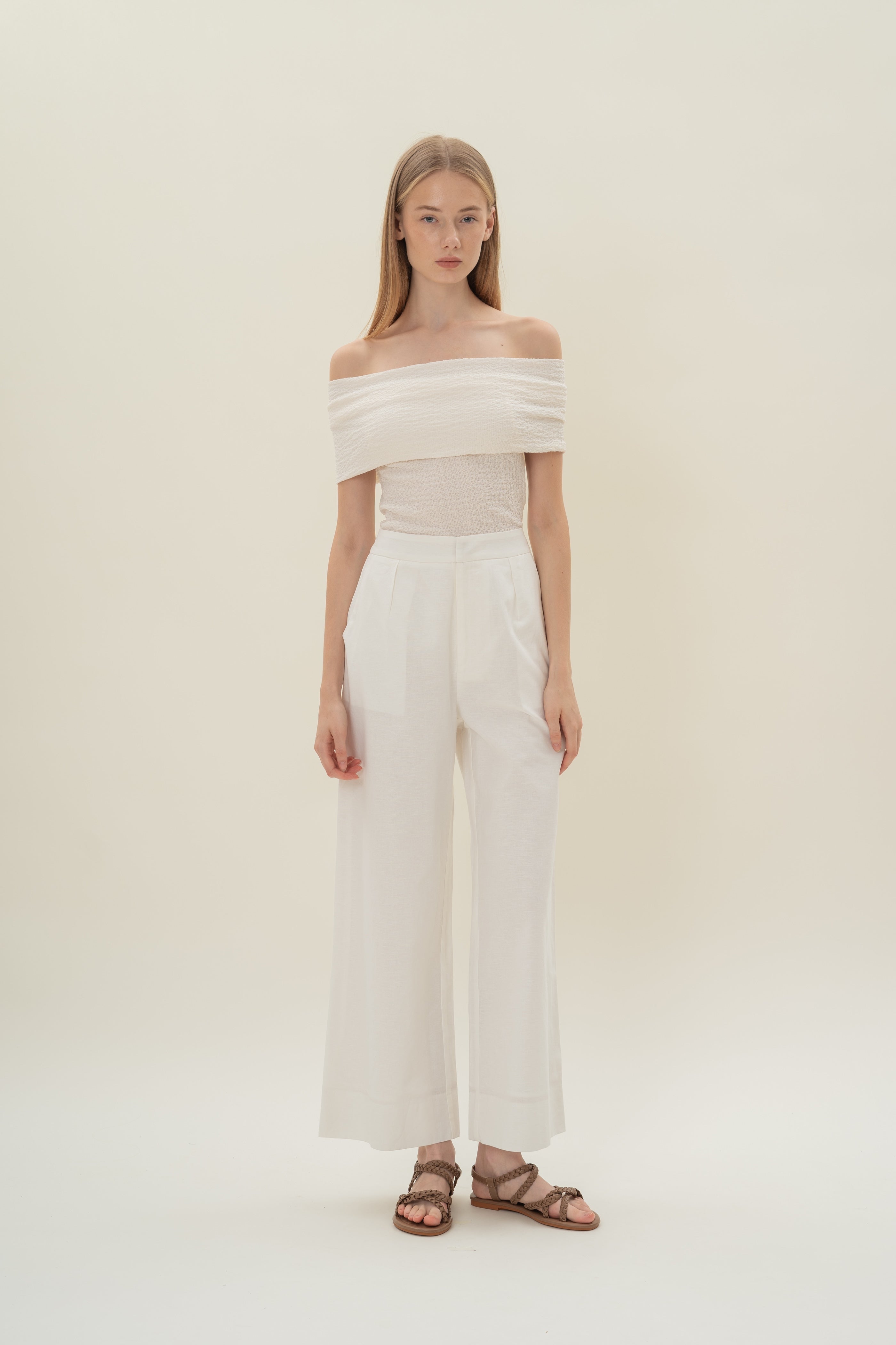 Crinkled Off Shoulder Wrap Top in Cloud