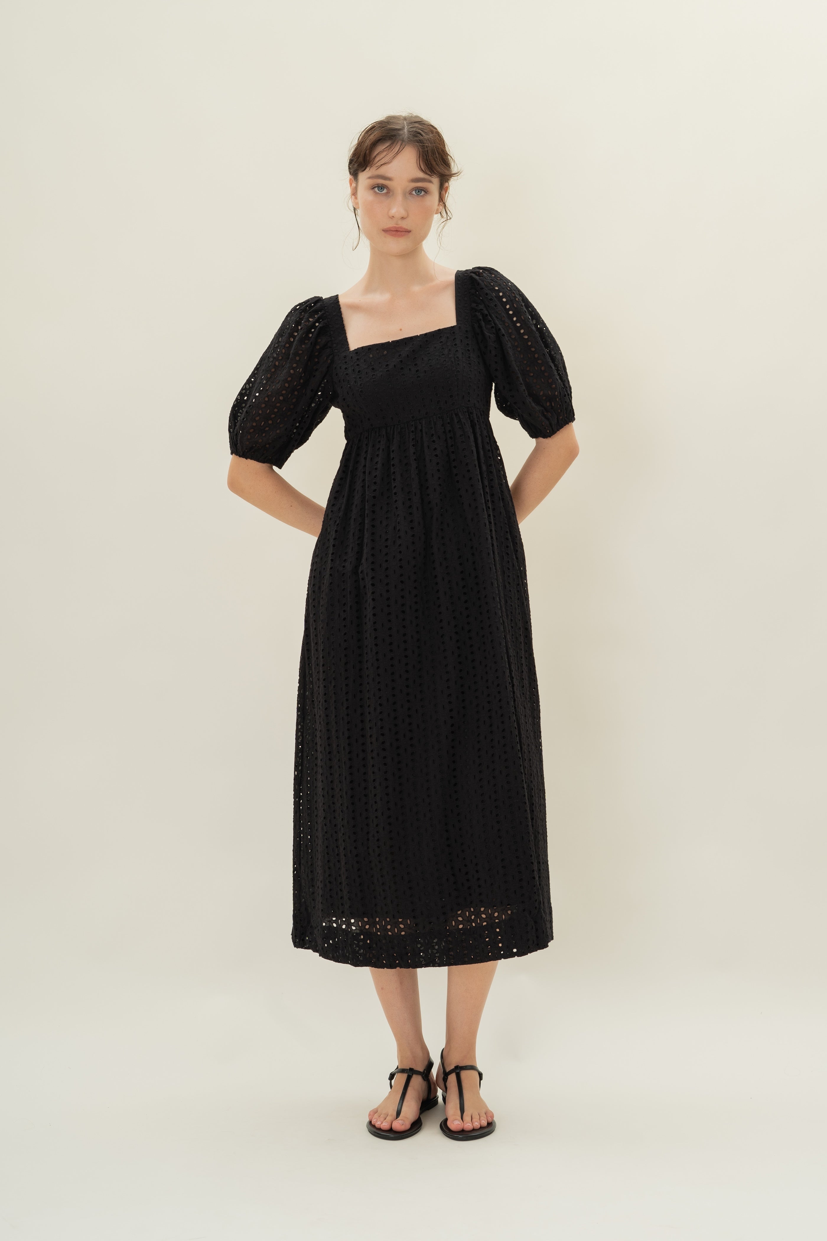 Broderie Midi Dress in Black