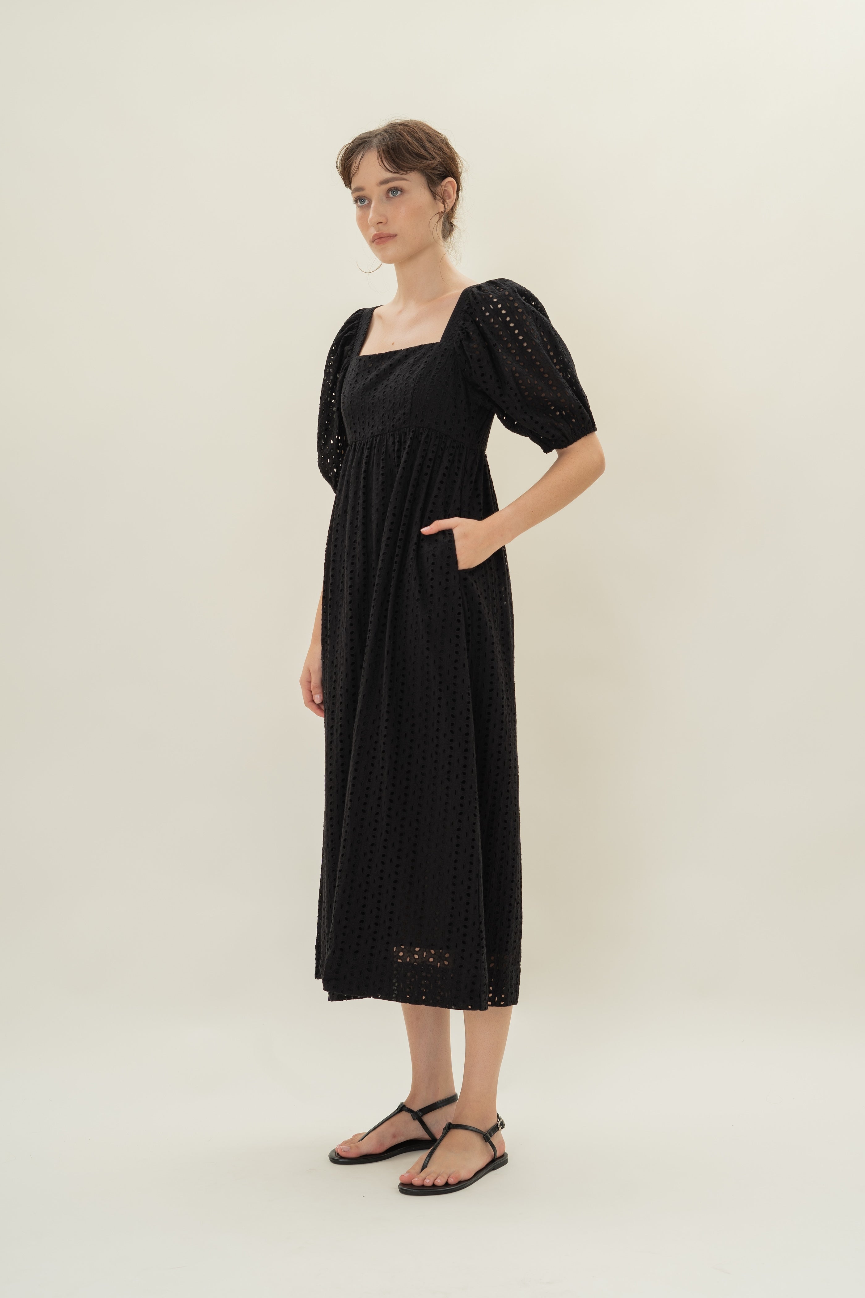 Broderie Midi Dress in Black