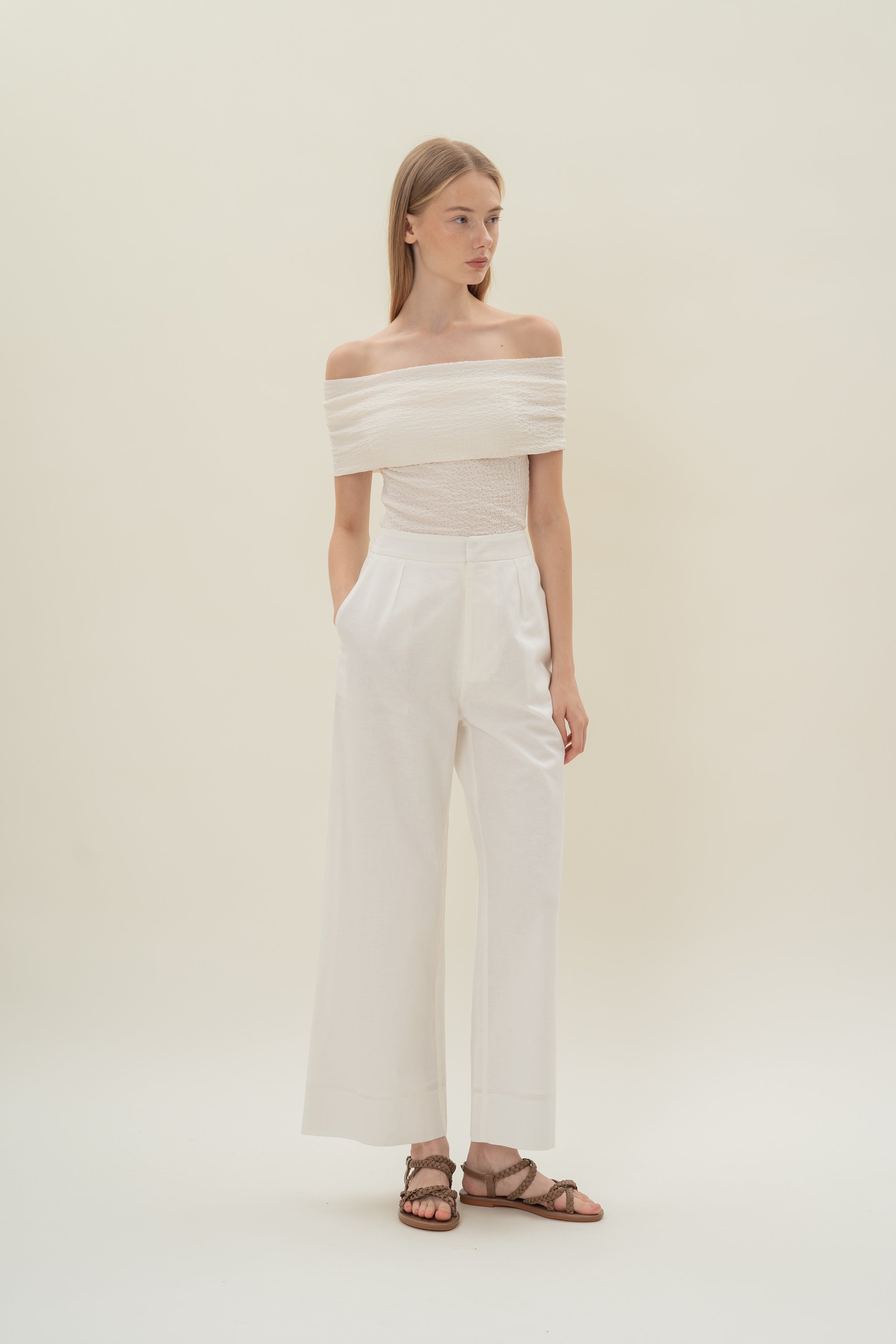 Crinkled Off Shoulder Wrap Top in Cloud