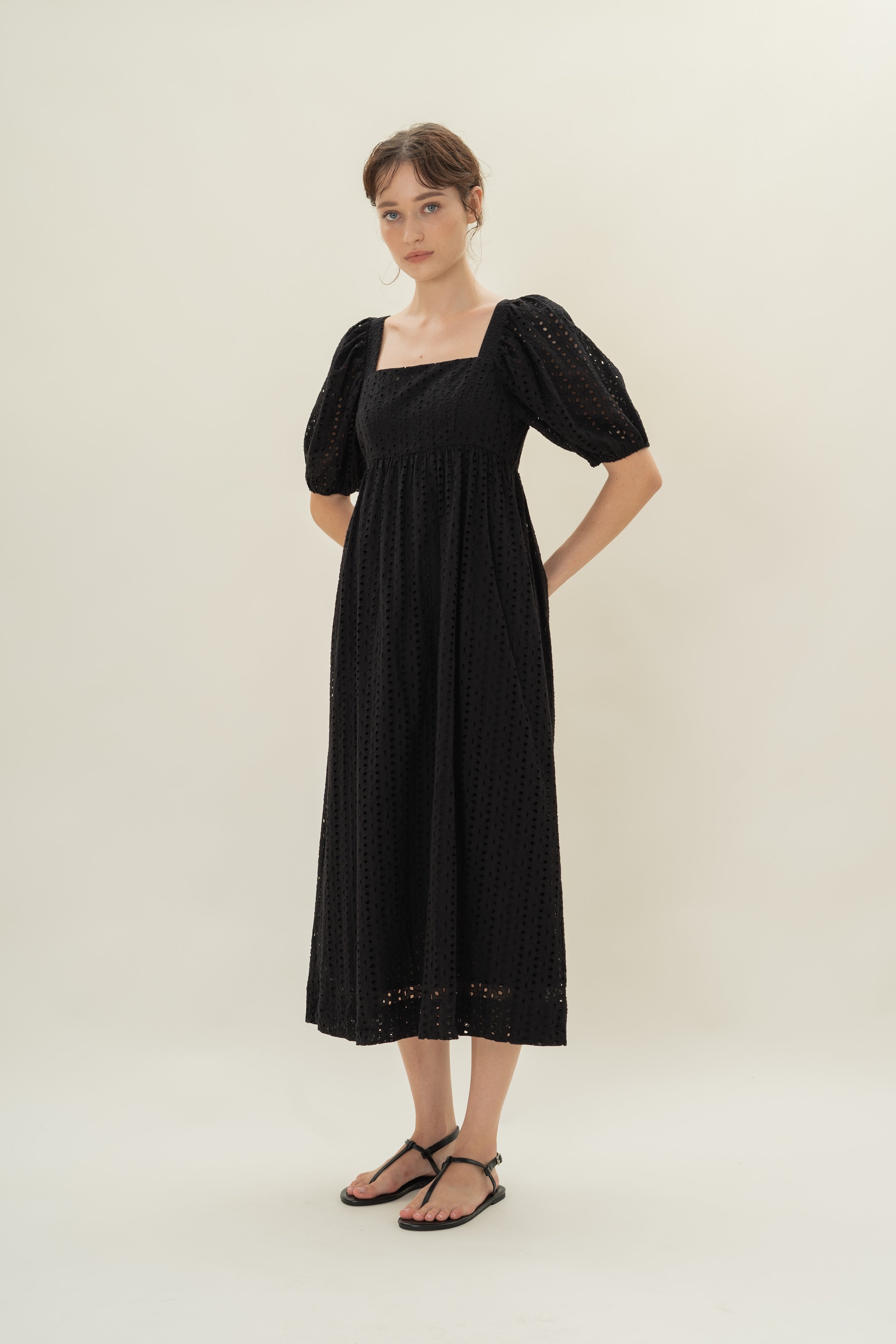 Broderie Midi Dress in Black