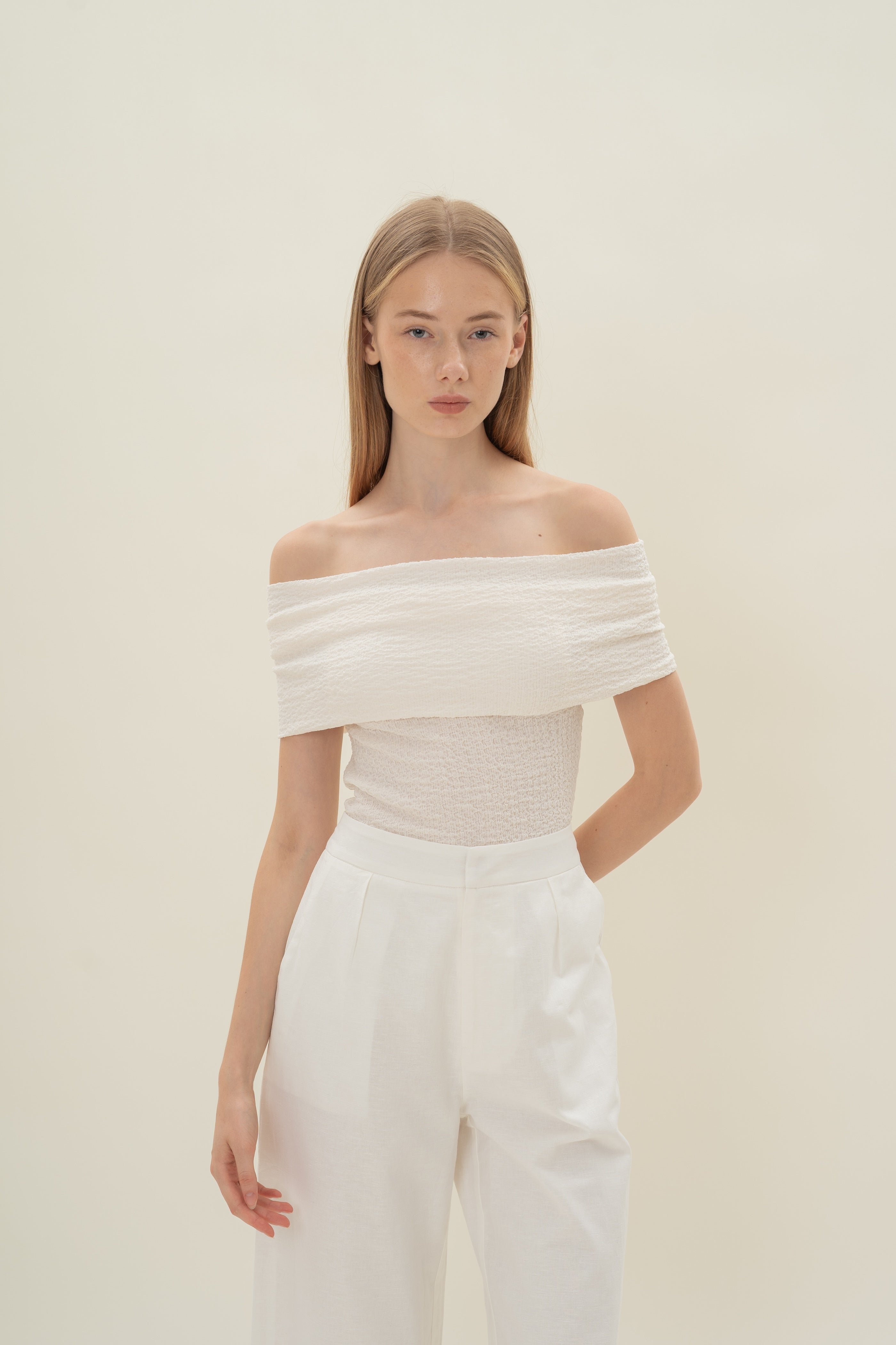 Crinkled Off Shoulder Wrap Top in Cloud