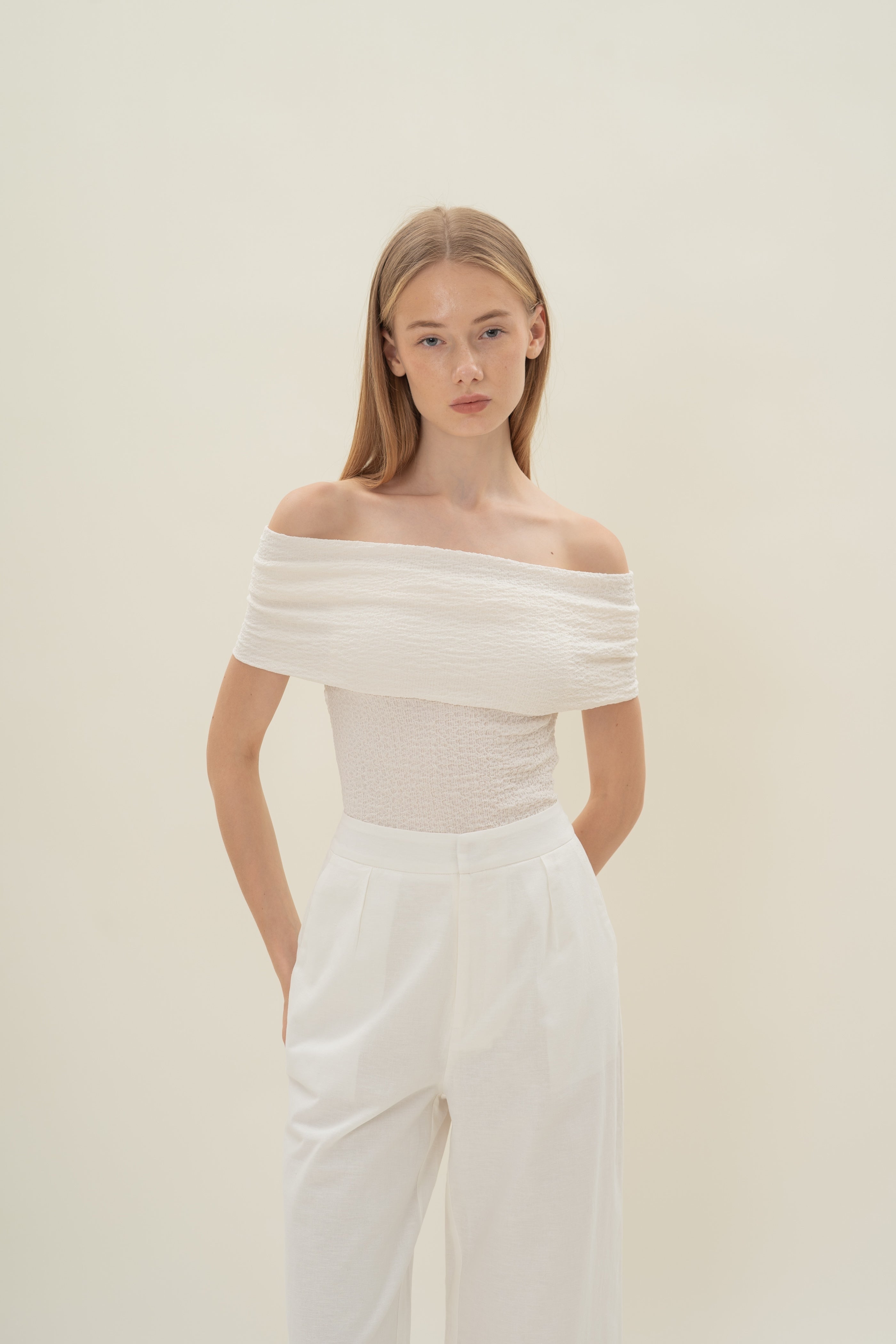 Crinkled Off Shoulder Wrap Top in Cloud