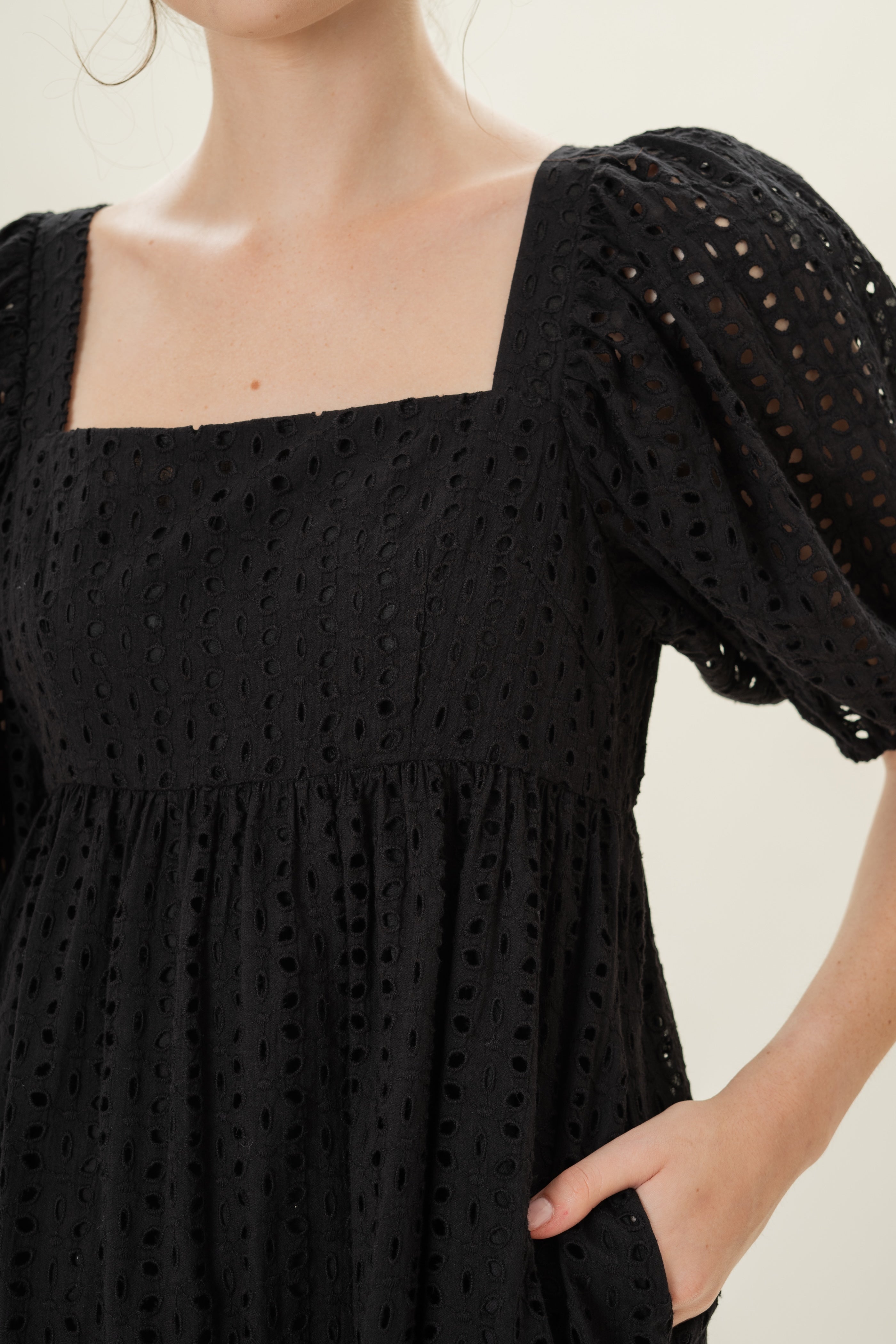 Broderie Midi Dress in Black