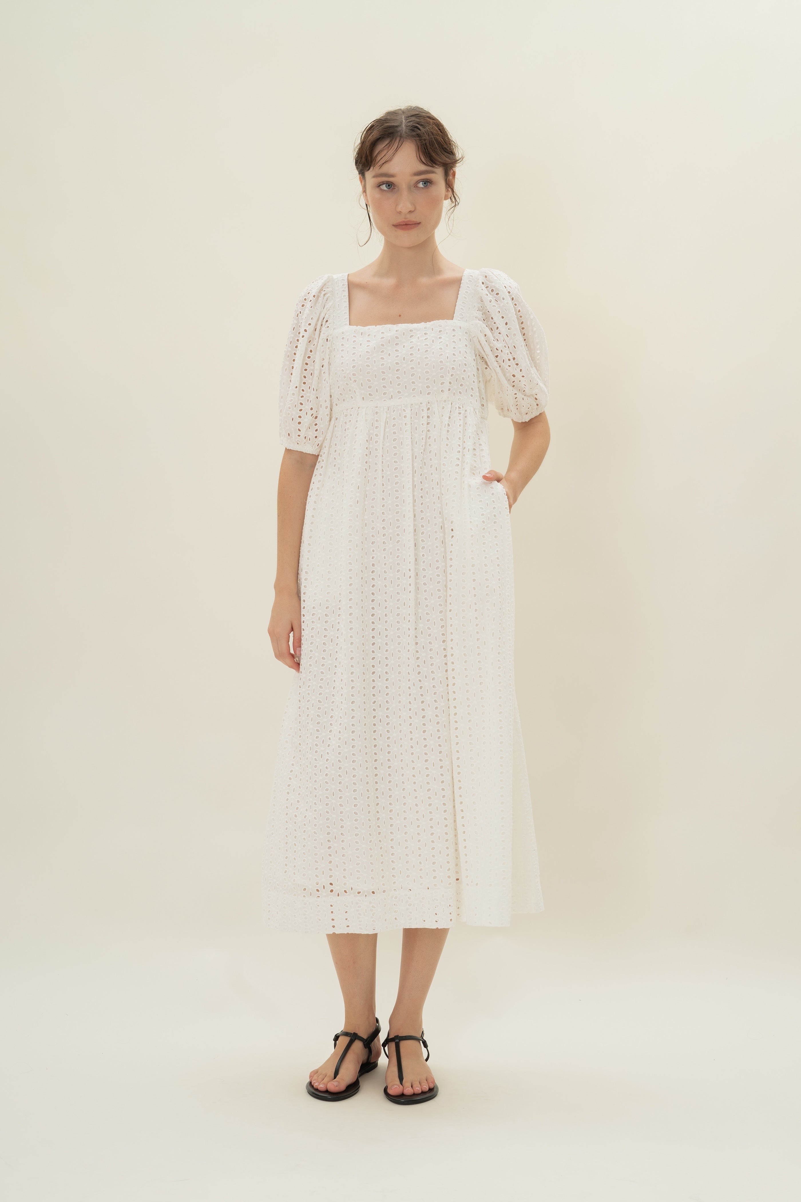 Broderie Midi Dress in White