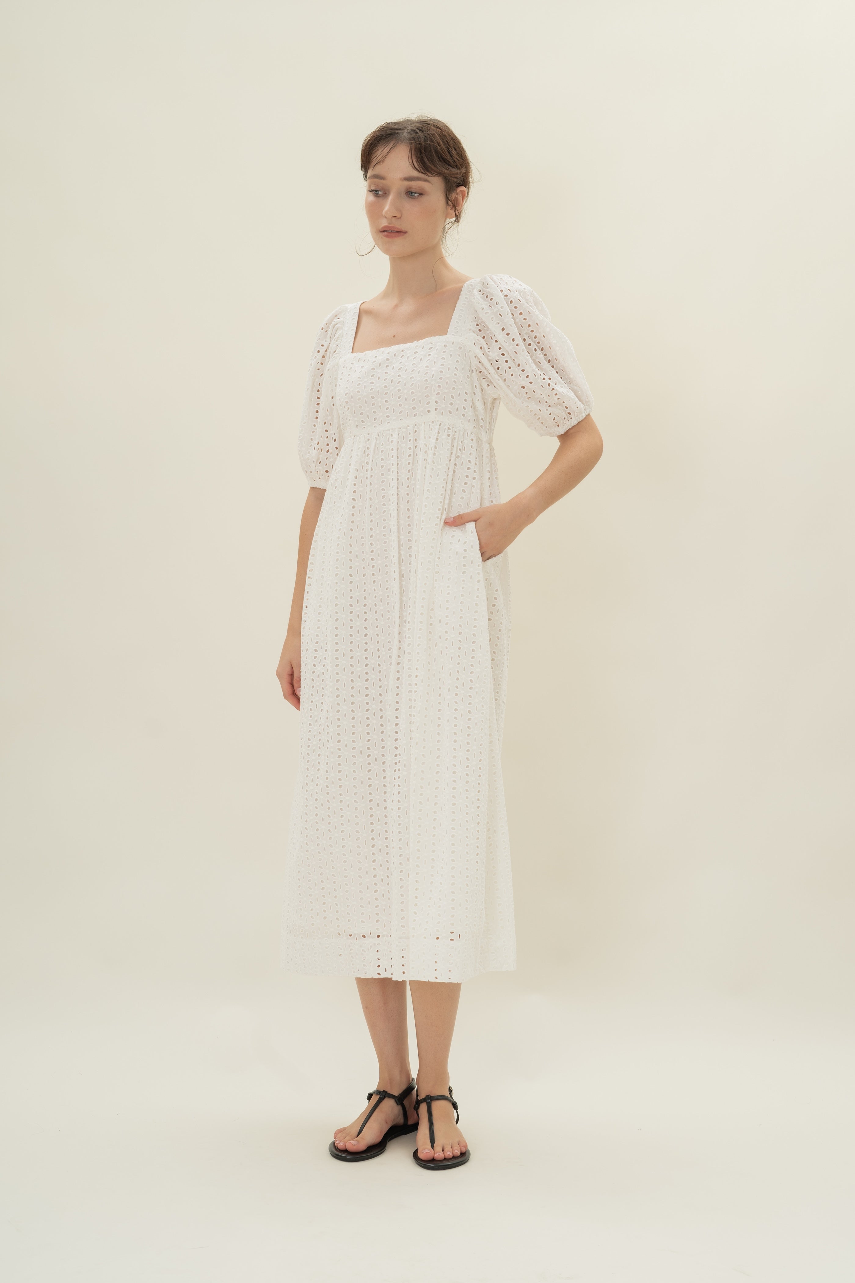 Broderie Midi Dress in White