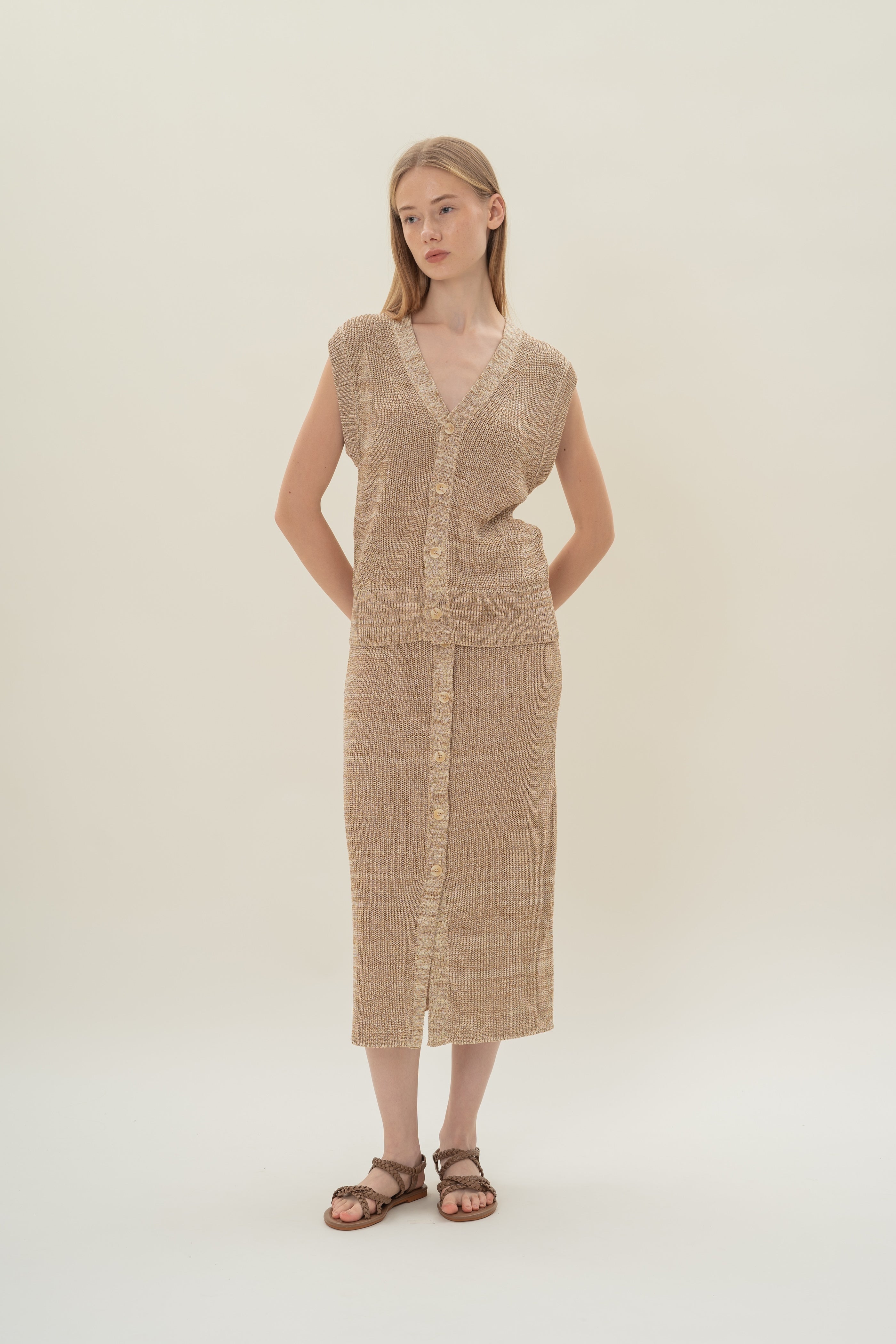 Button Melange Knit Vest in Sand Dunes