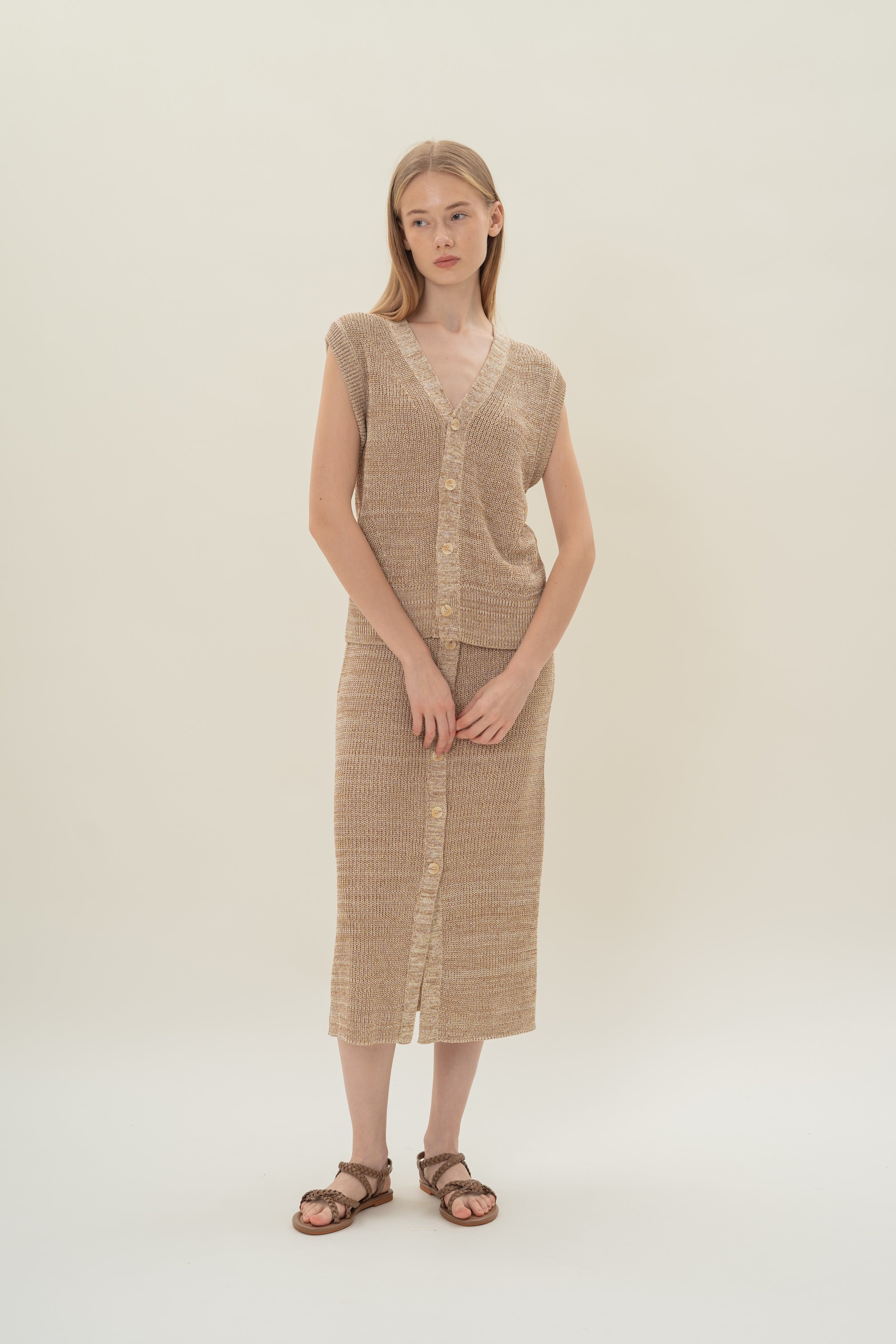 Button Melange Knit Vest in Sand Dunes
