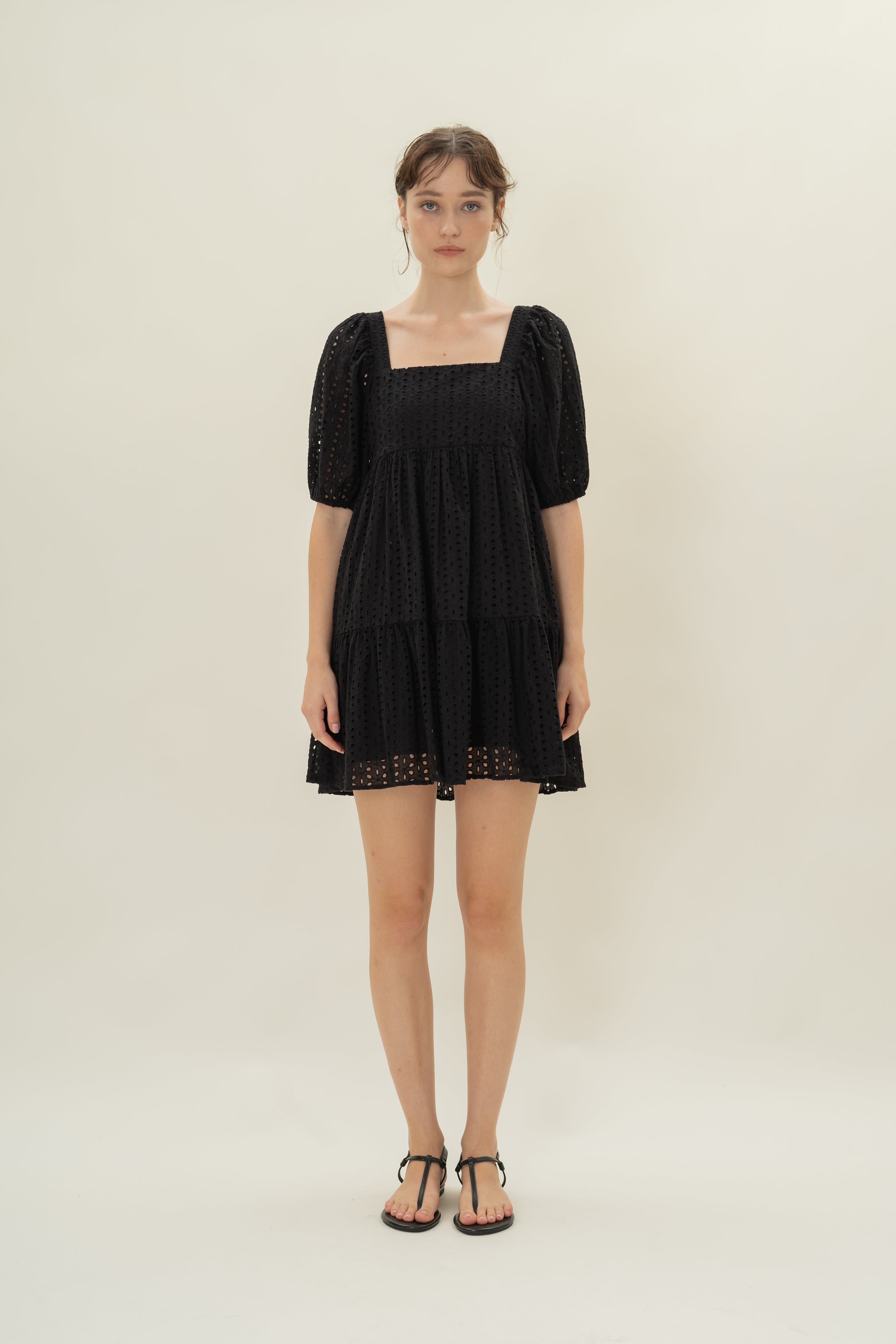 Broderie Square Neck Mini Dress in Black