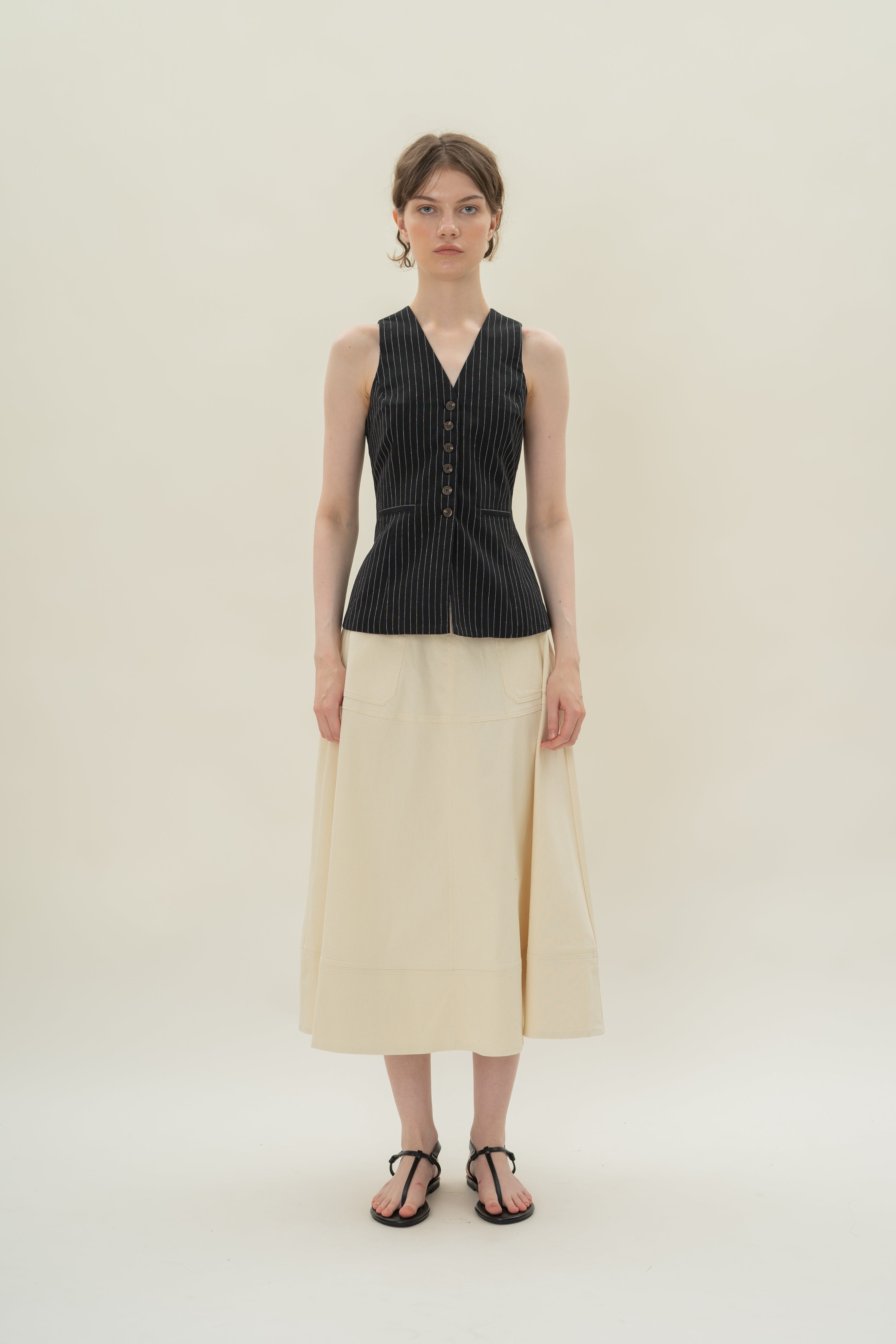 Linen Blend Longline Waistcoat in Black Stripes