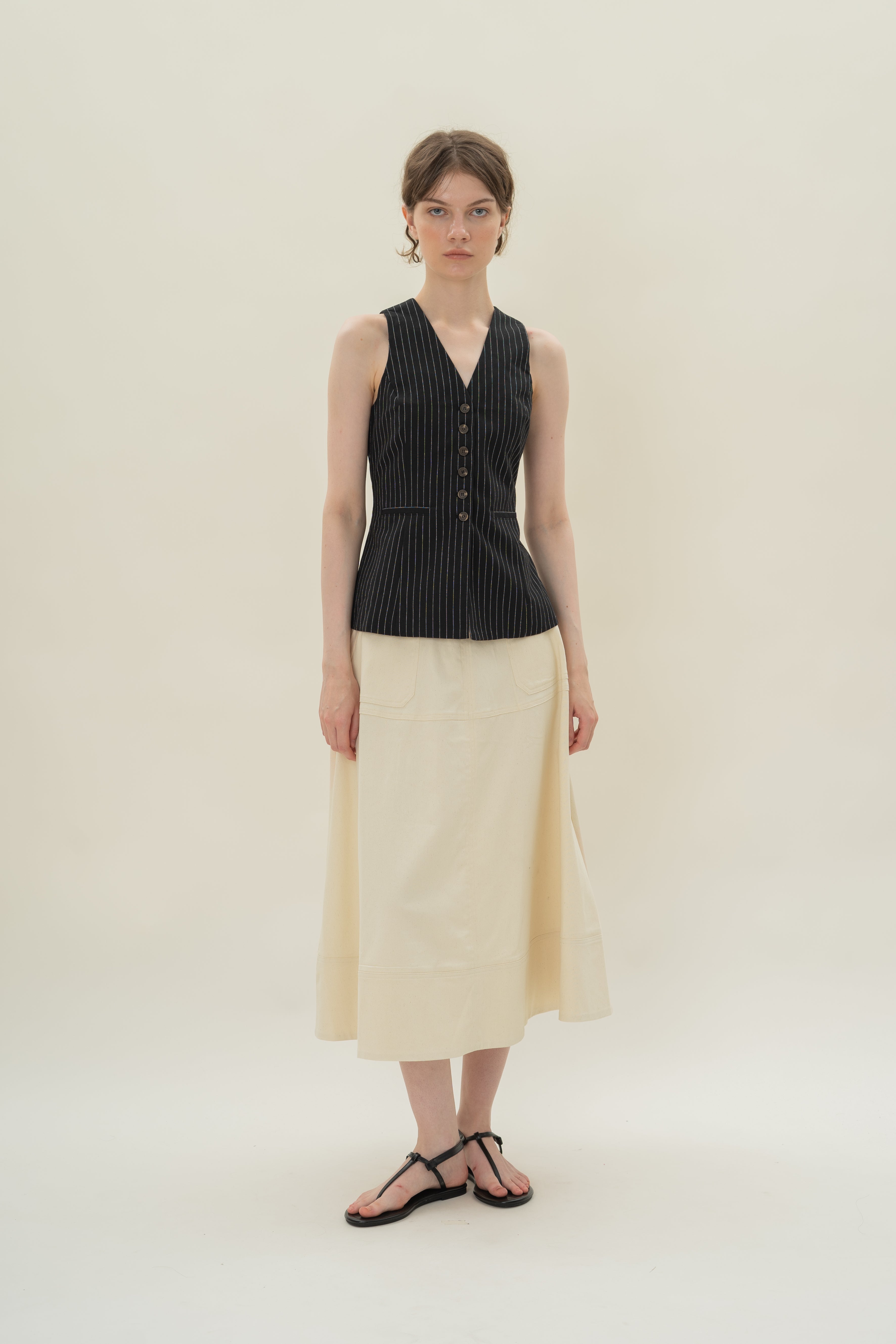 Linen Blend Longline Waistcoat in Black Stripes