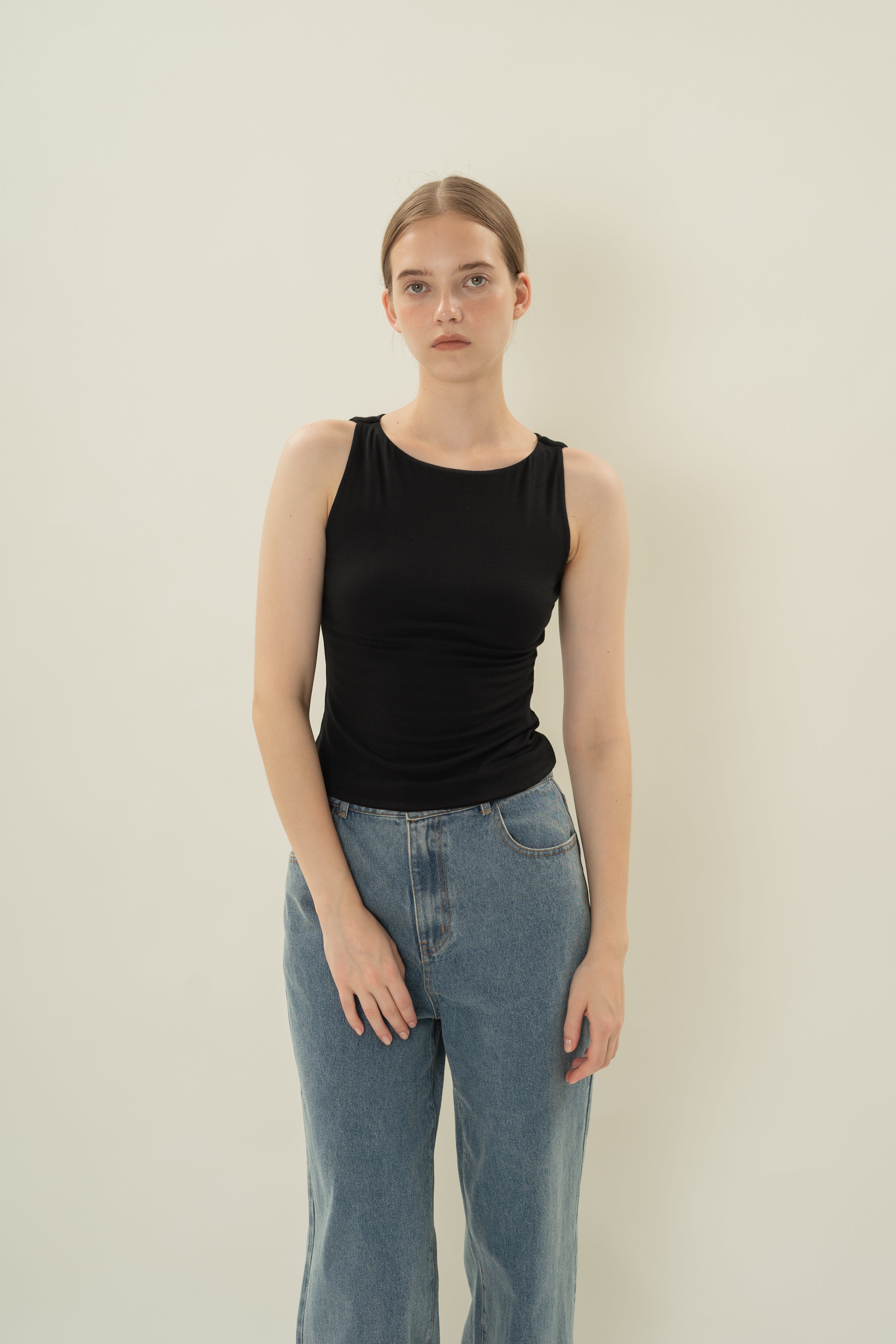 Boat Neck Stretch Tank in Black