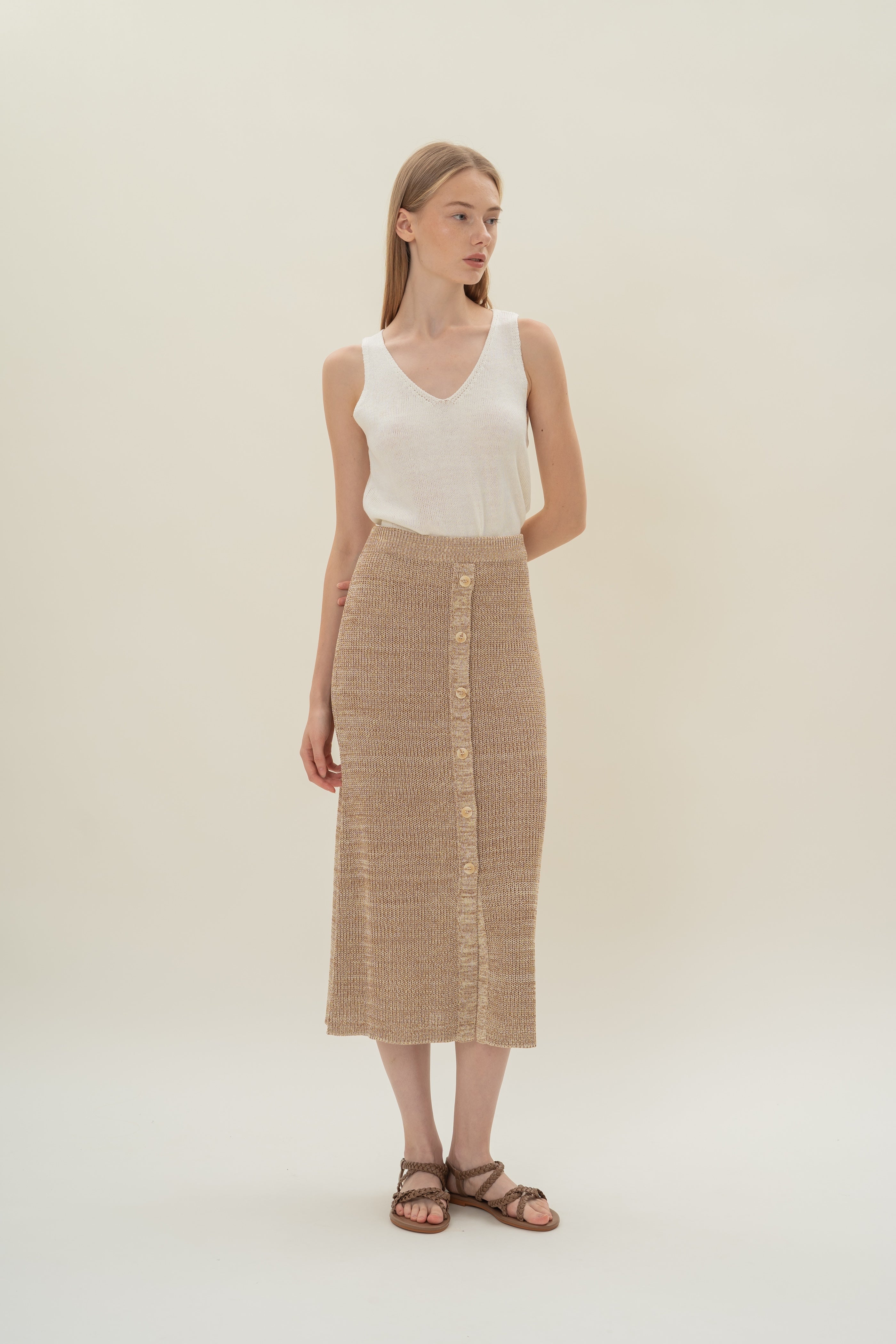 Button Melange Knit Skirt in Sand Dunes
