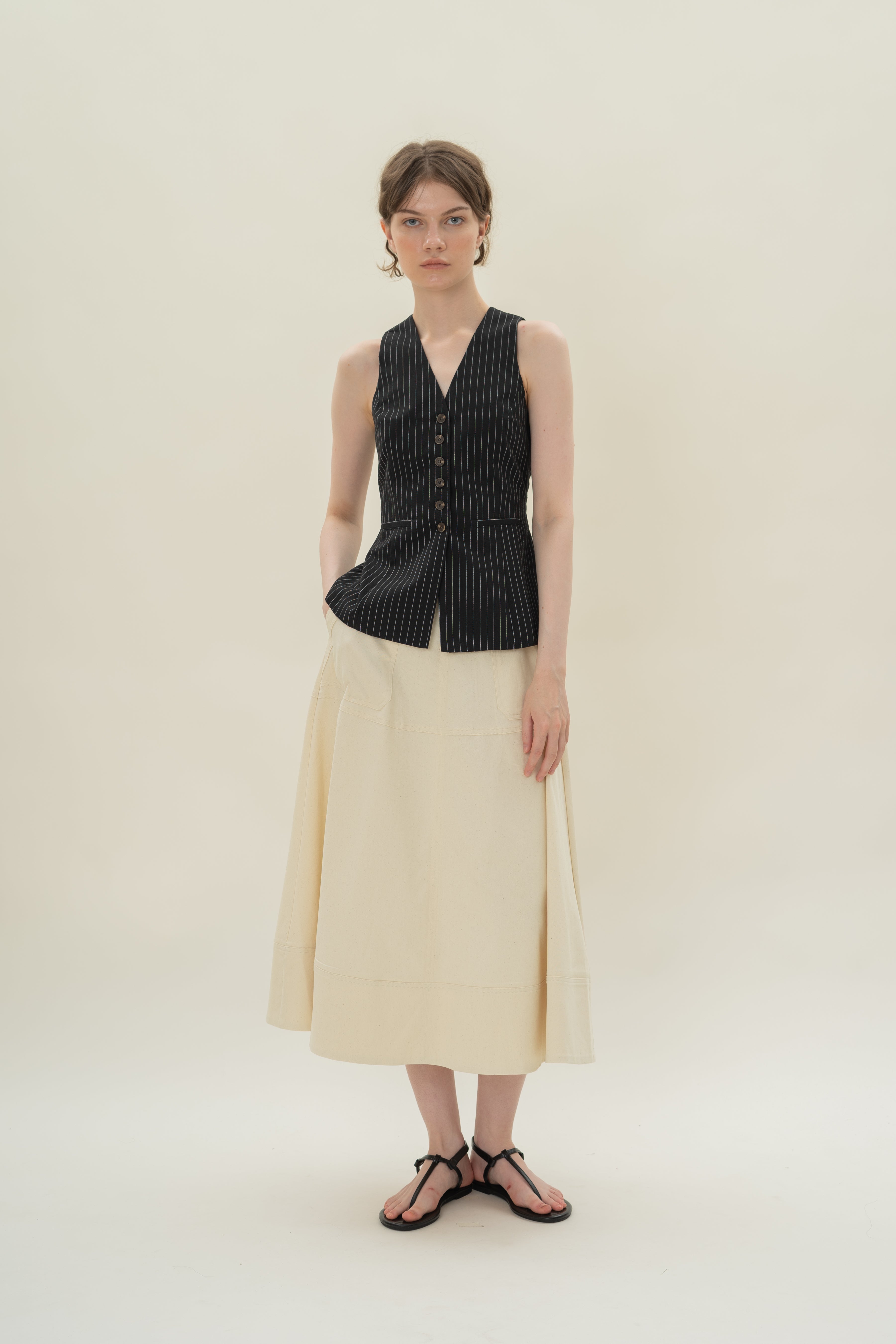 Linen Blend Longline Waistcoat in Black Stripes