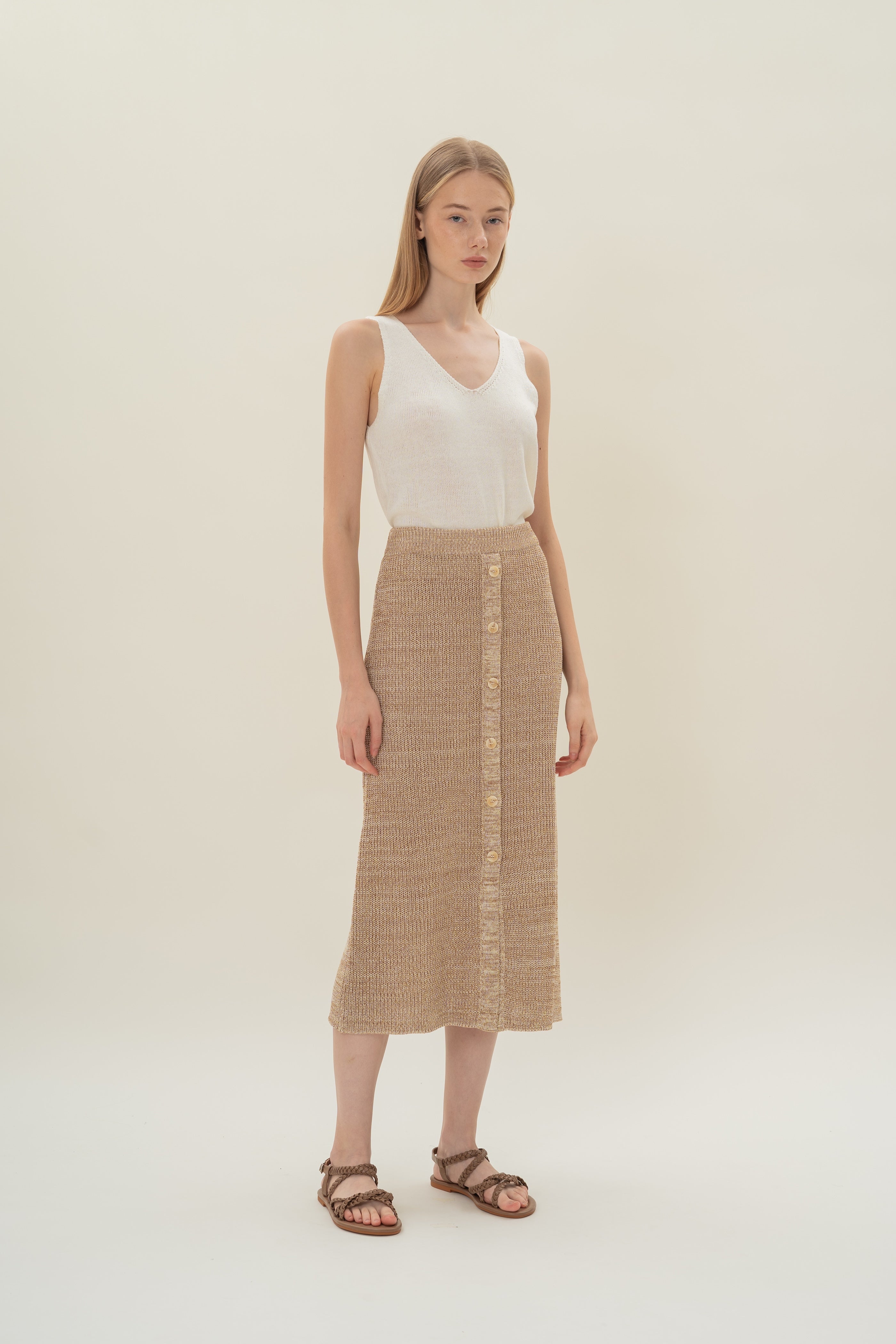 Button Melange Knit Skirt in Sand Dunes