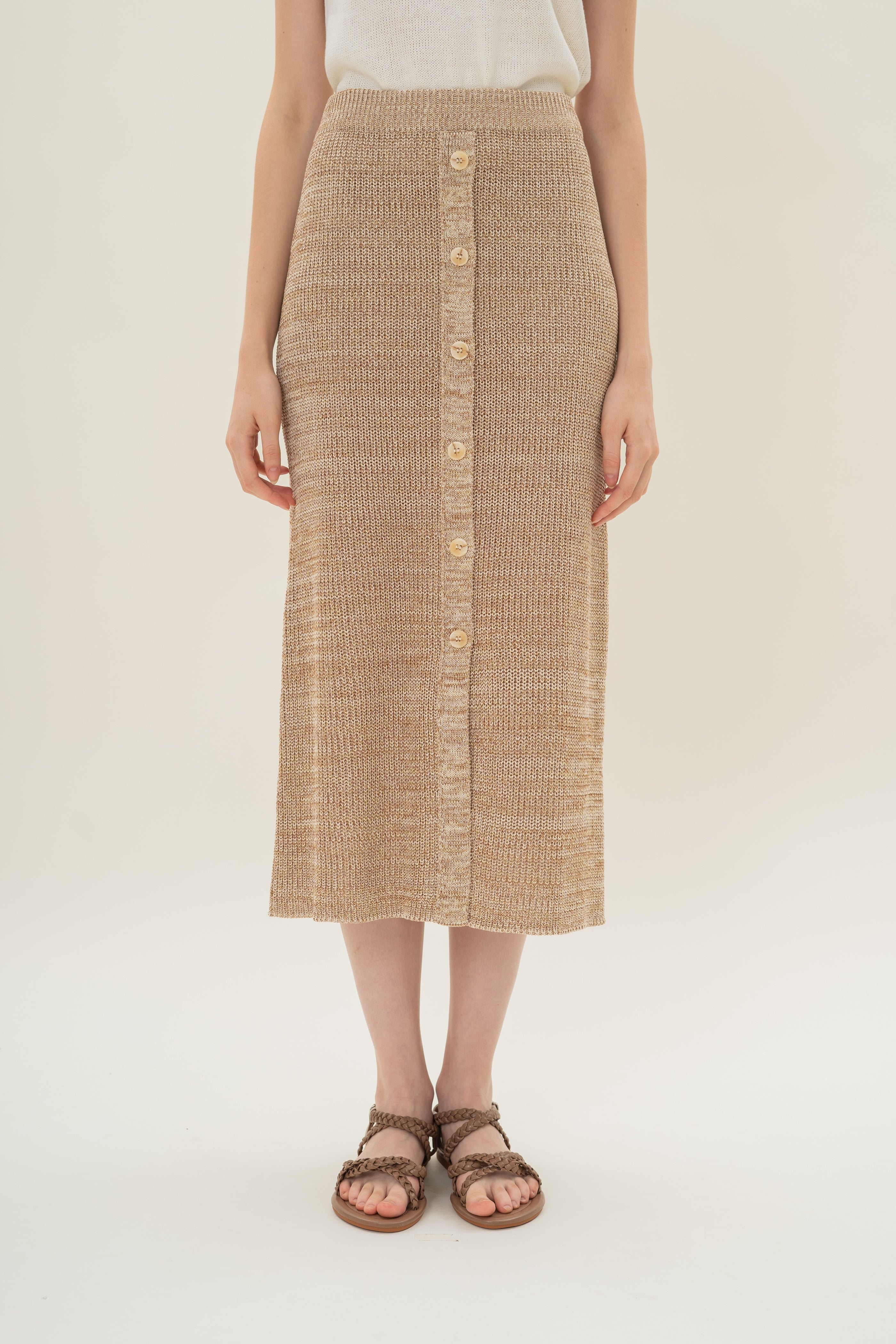 Button Melange Knit Skirt in Sand Dunes