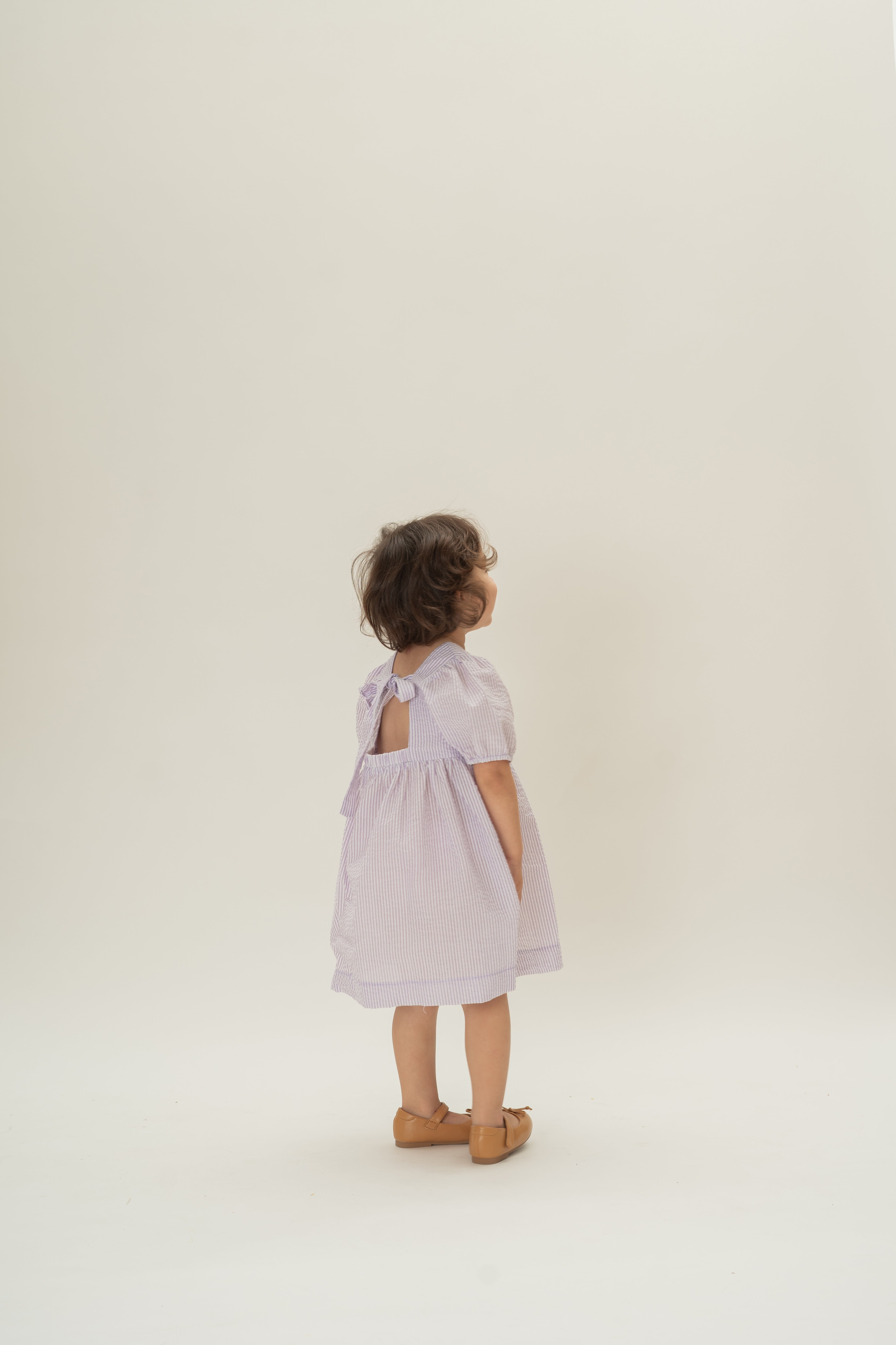 Mini Tie Back Short Sleeve Dress in Seersucker Orchid Stripes