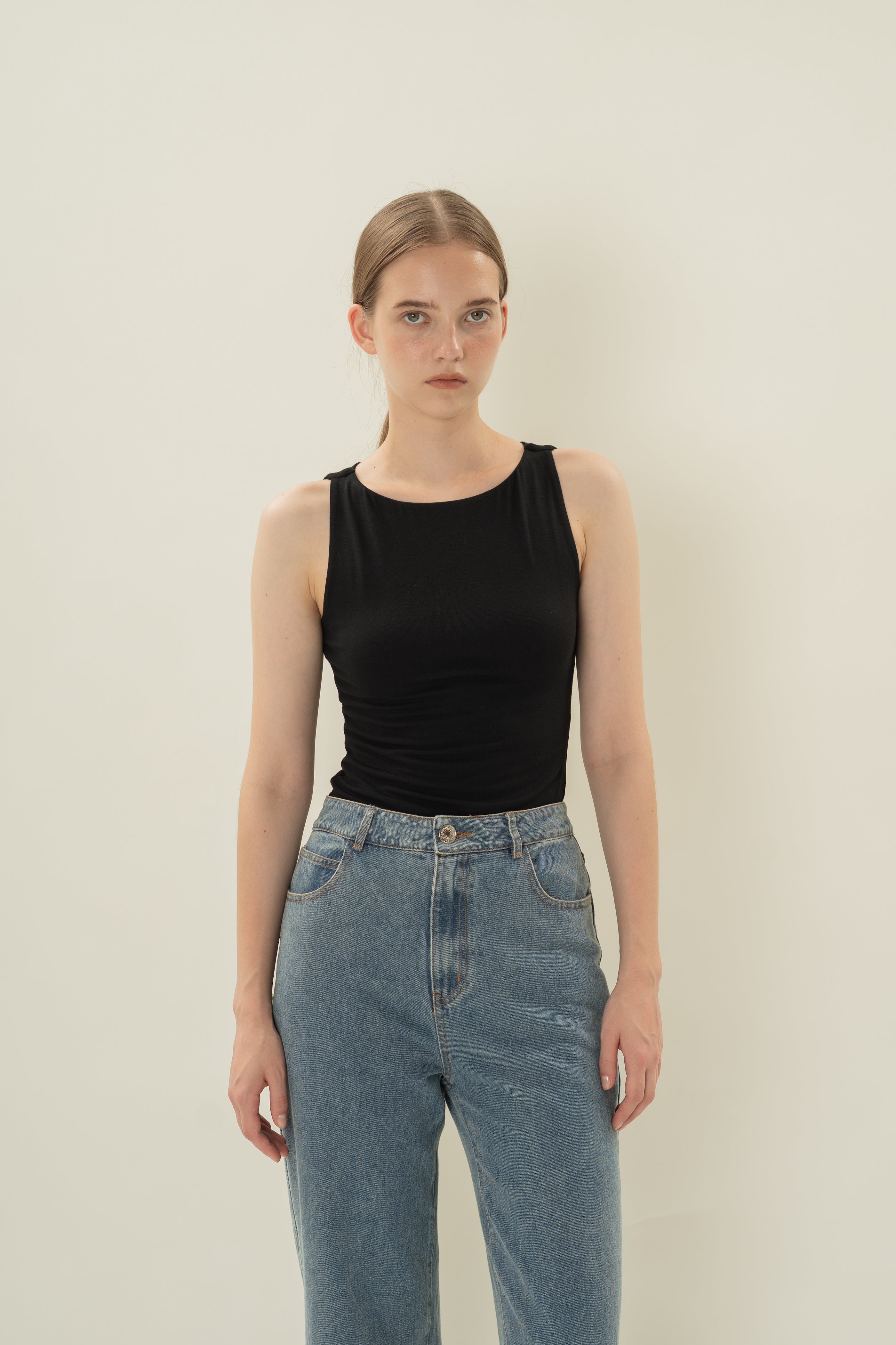 Boat Neck Stretch Tank in Black