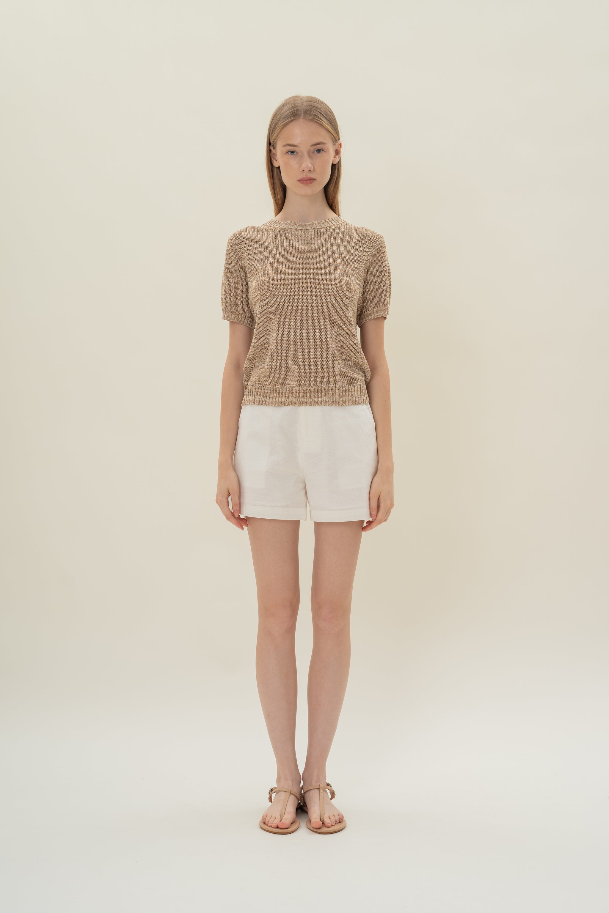 Textured Knit Round Neck Top and Shorts Set main image 0