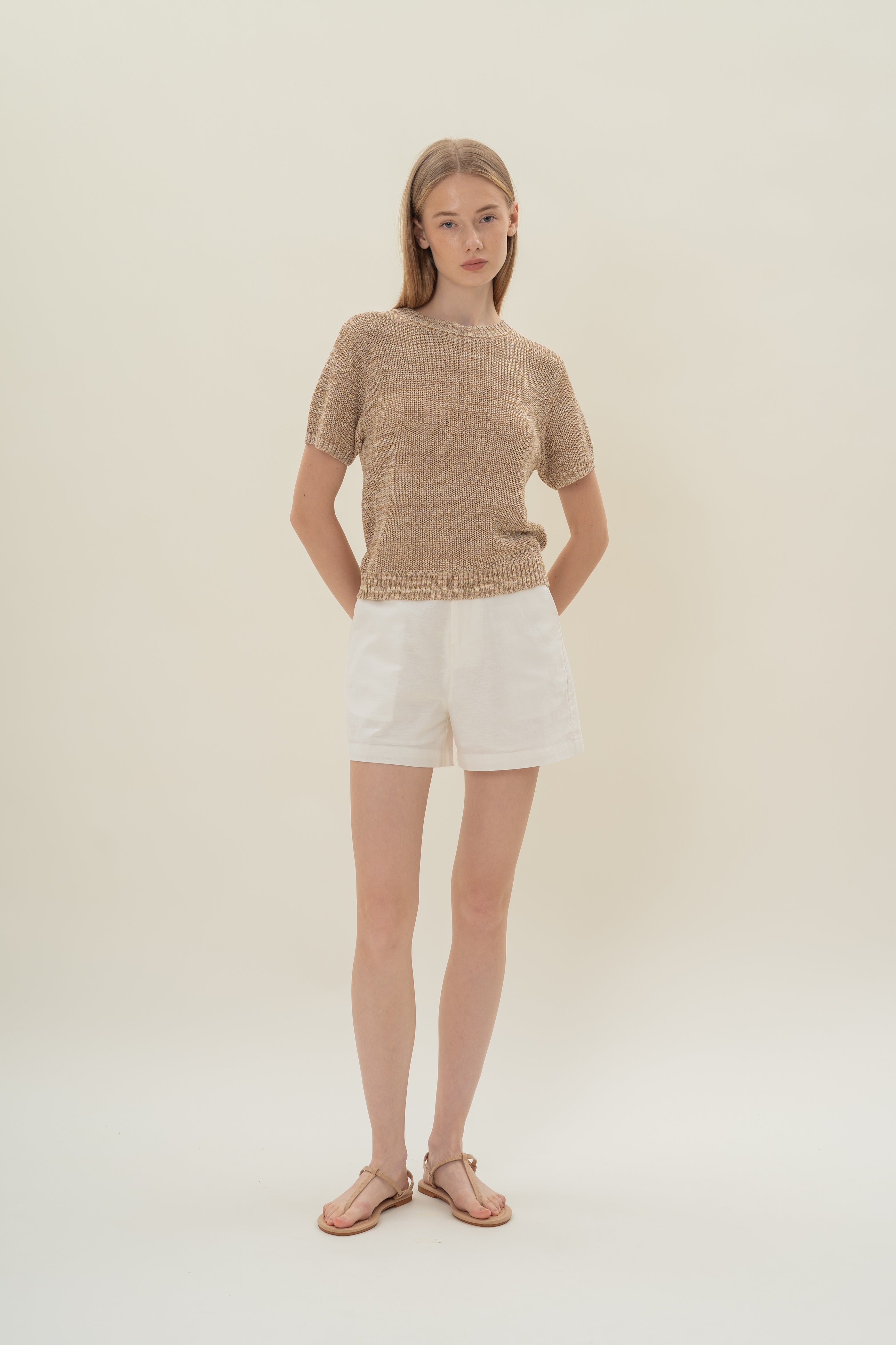 Round Neck Melange Knit Top in Sand Dunes