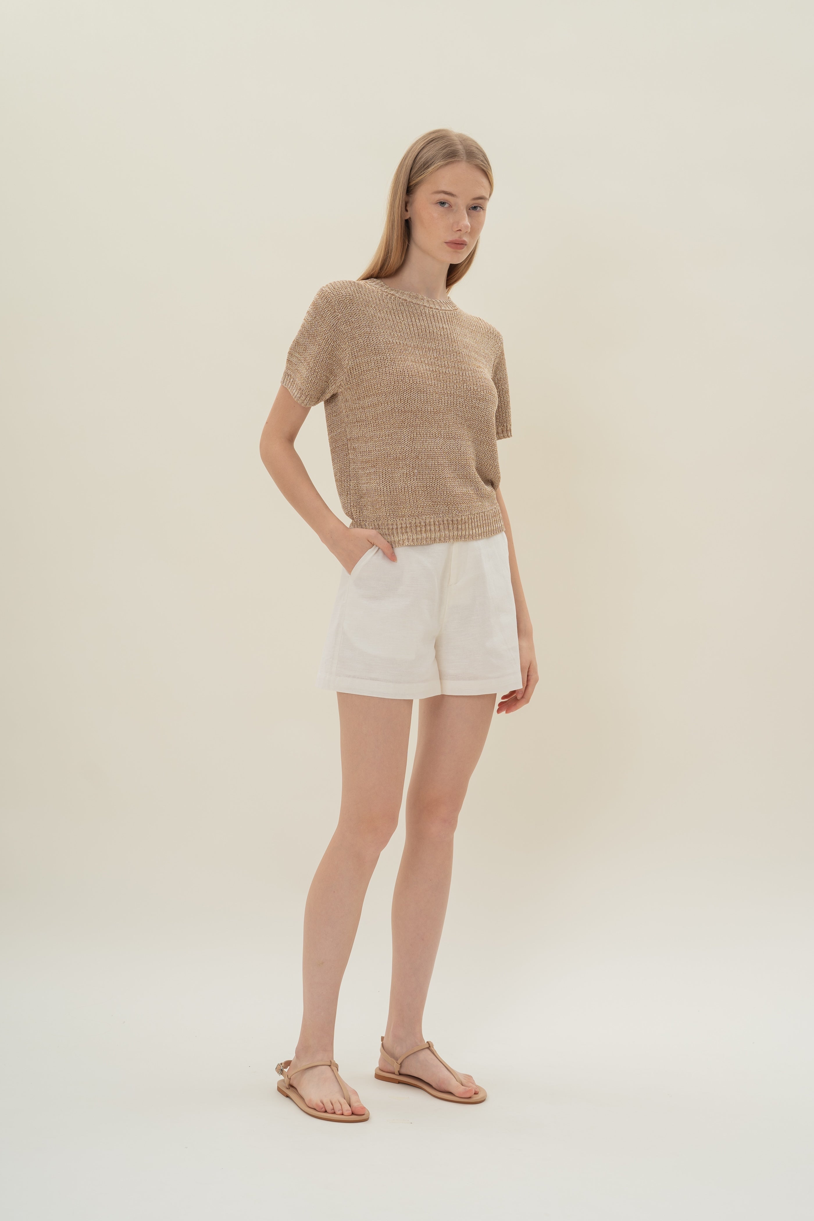 Round Neck Melange Knit Top in Sand Dunes