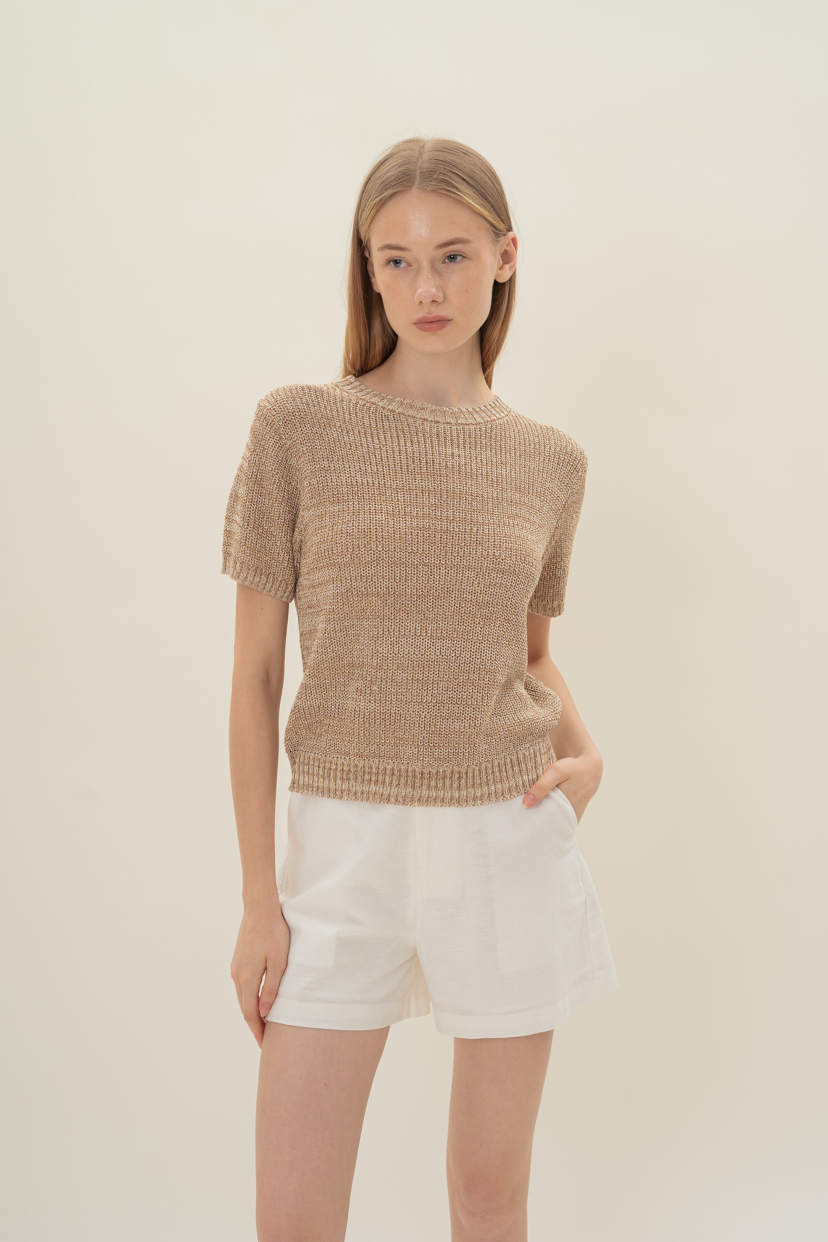 Round Neck Melange Knit Top in Sand Dunes