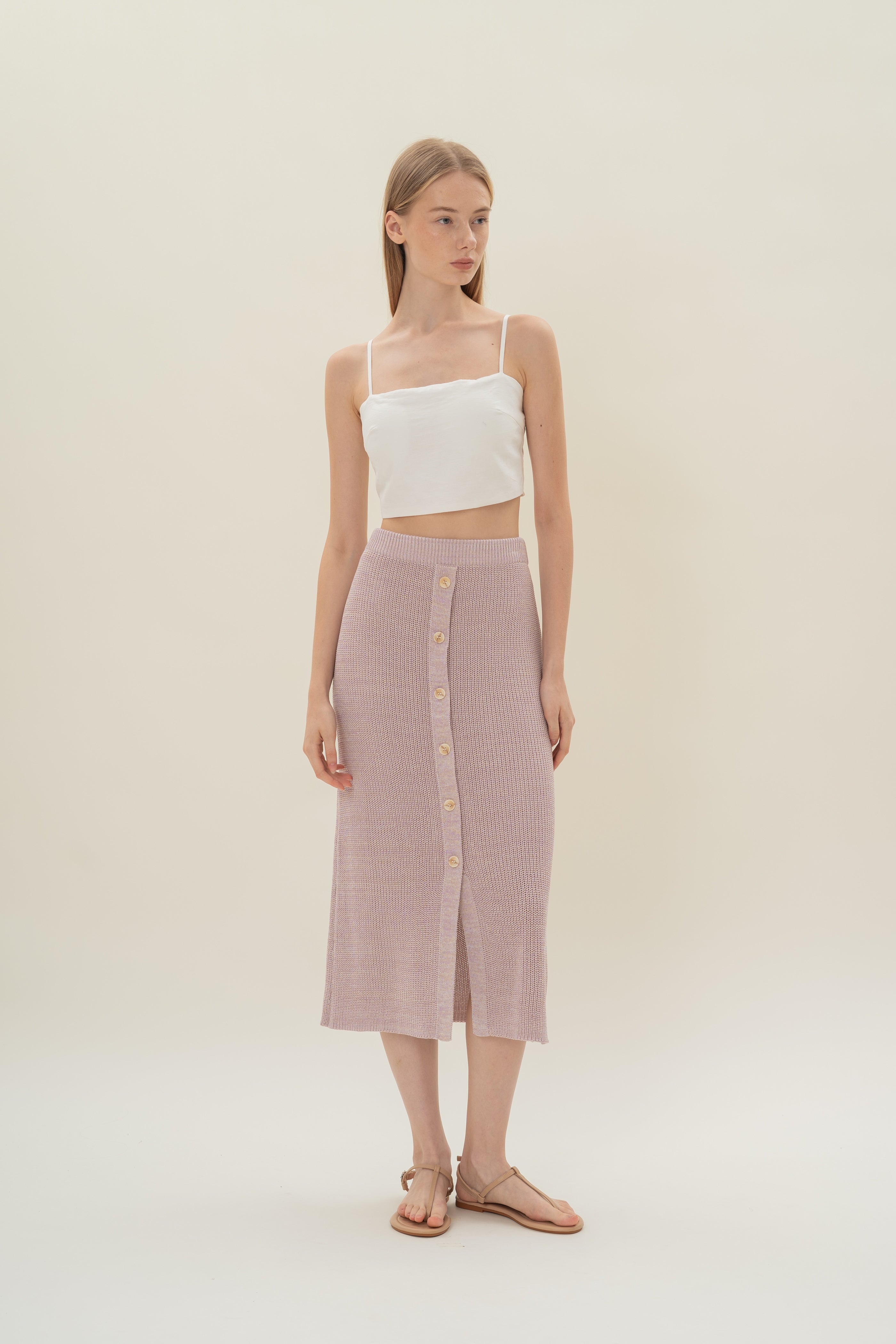 Button Melange Knit Skirt in Lavender Mist