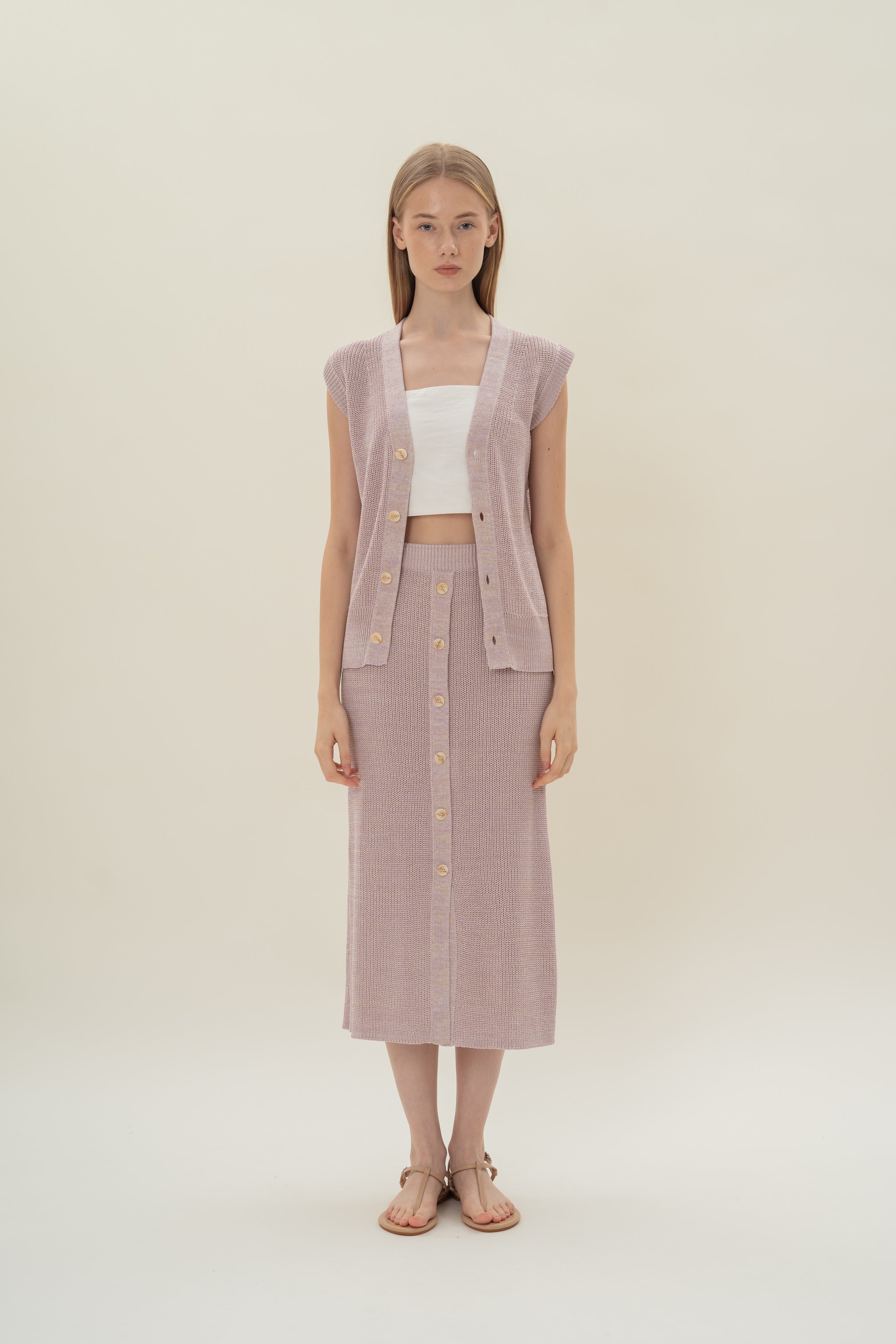 Button Melange Knit Skirt in Lavender Mist