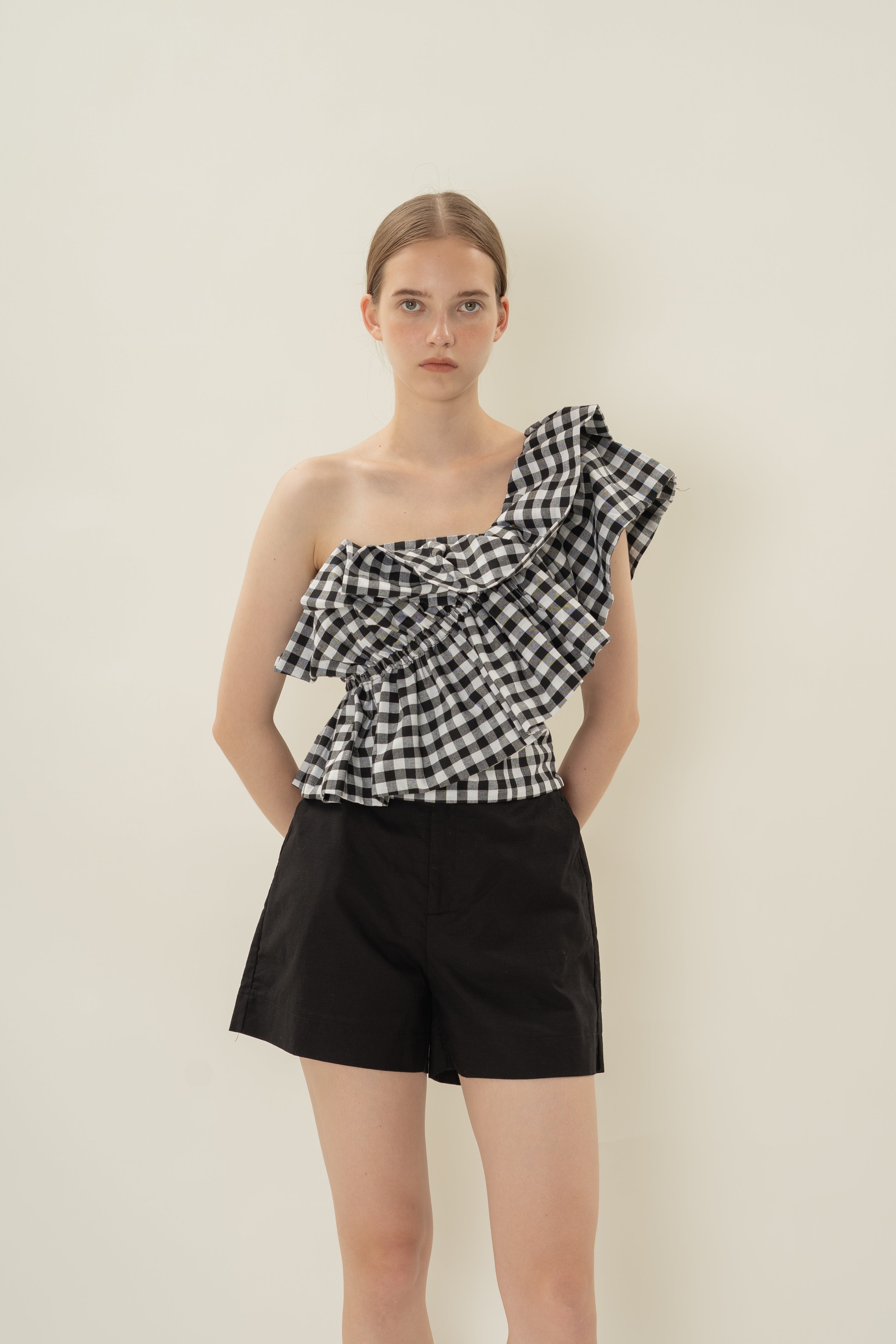 One-Shoulder Ruffled Top in Black Gingham