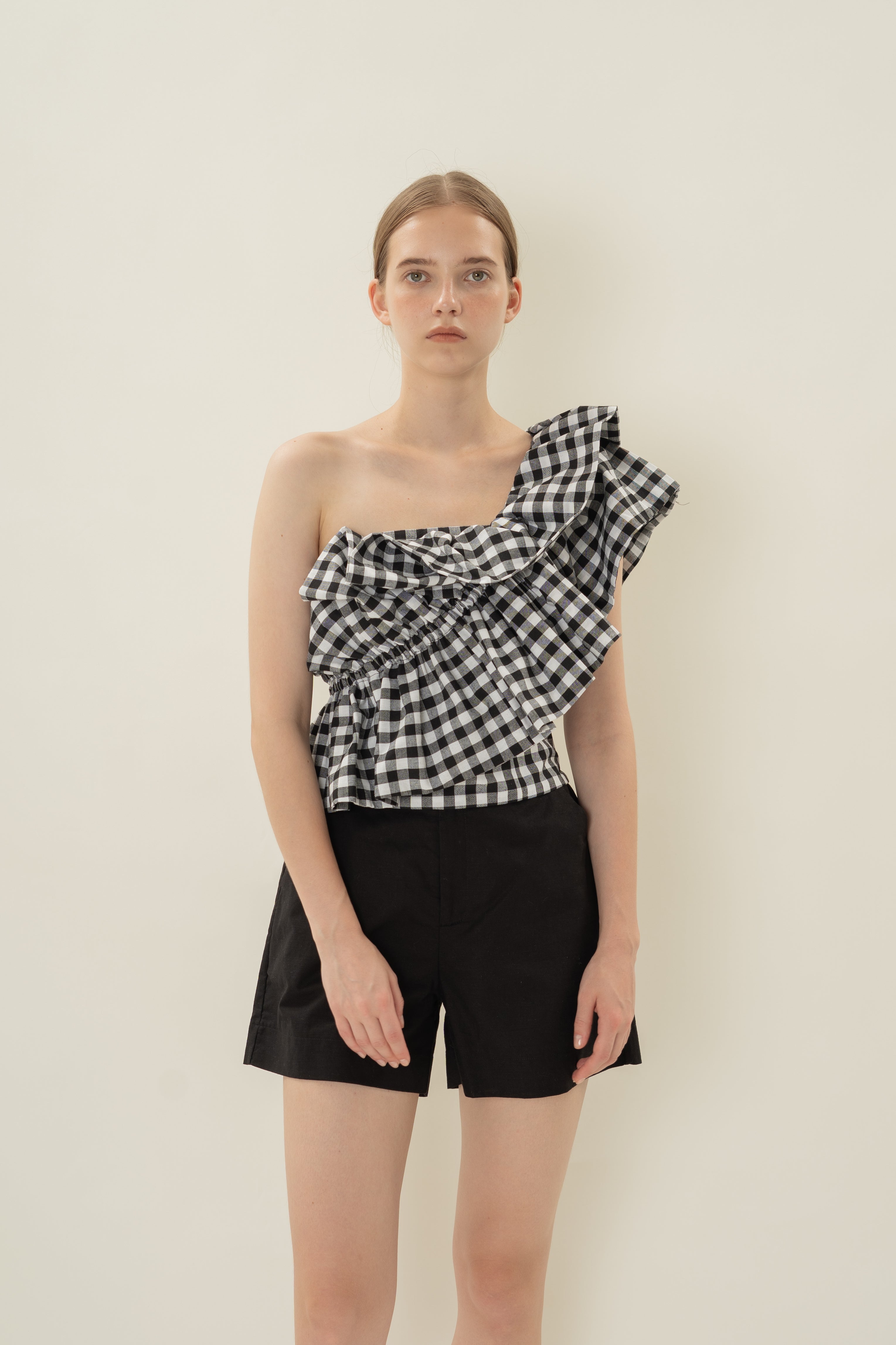 One-Shoulder Ruffled Top in Black Gingham