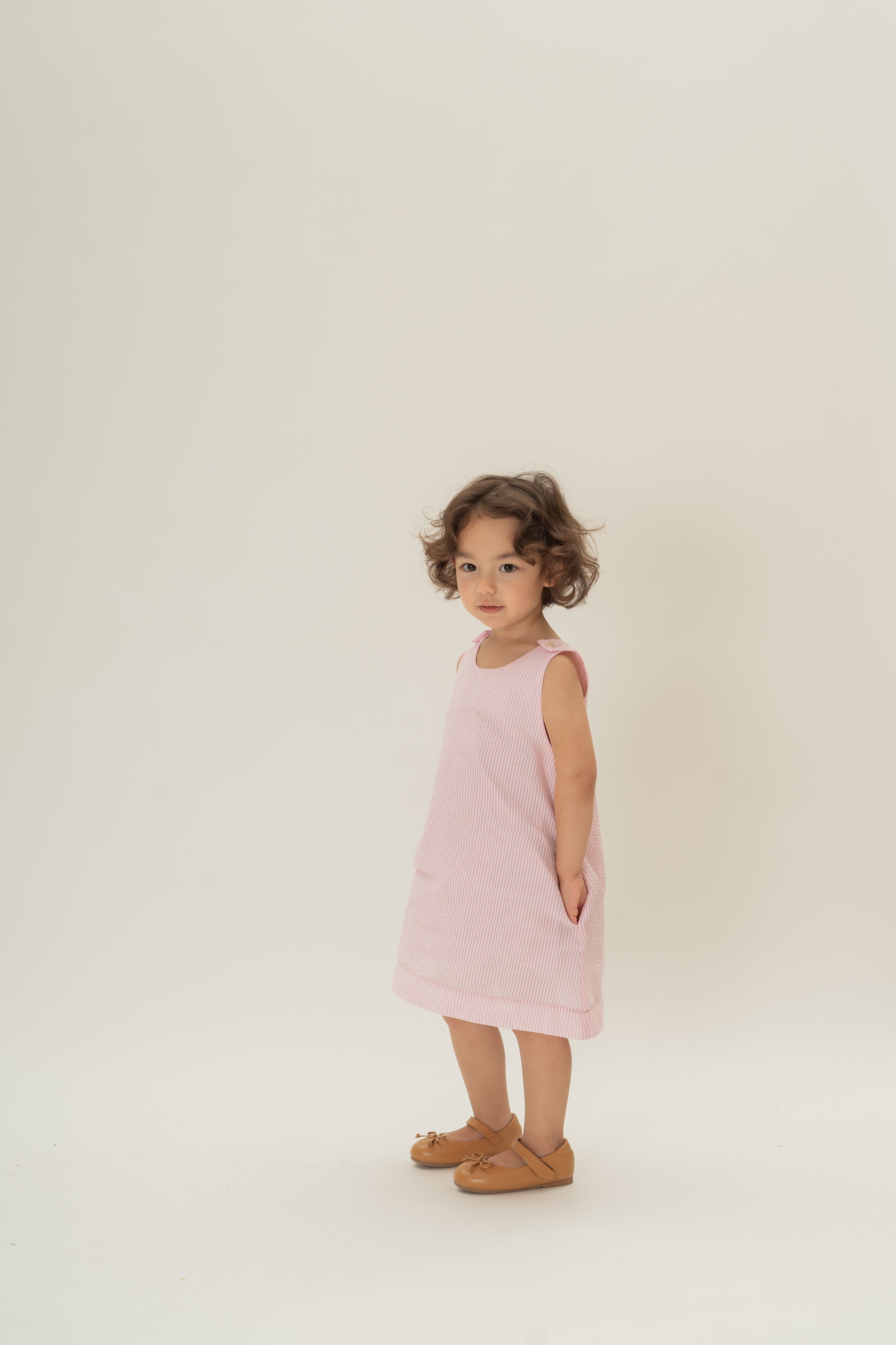 Mini Sleeveless A-line Dress in Seersucker Pink Stripes