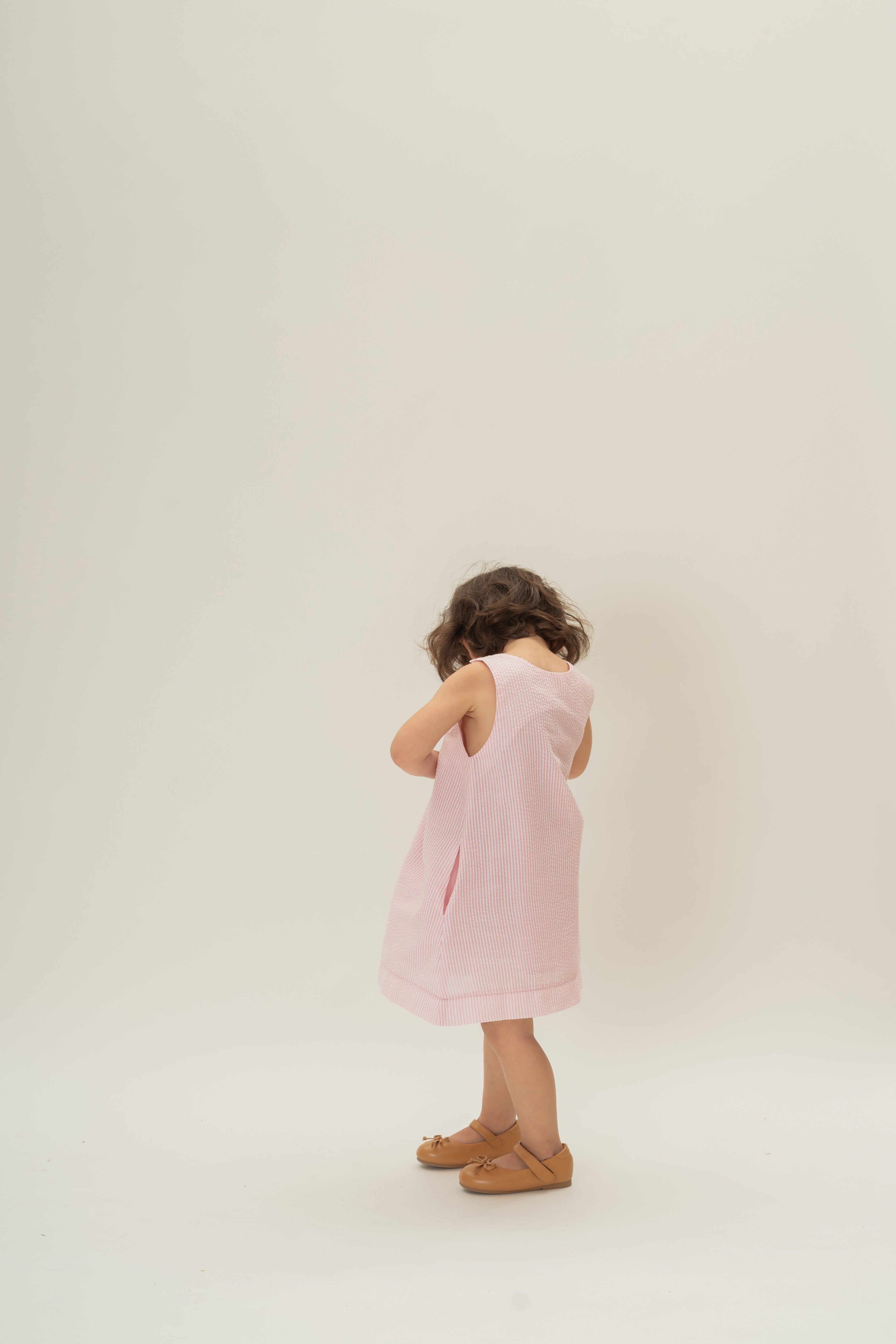 Mini Sleeveless A-line Dress in Seersucker Pink Stripes
