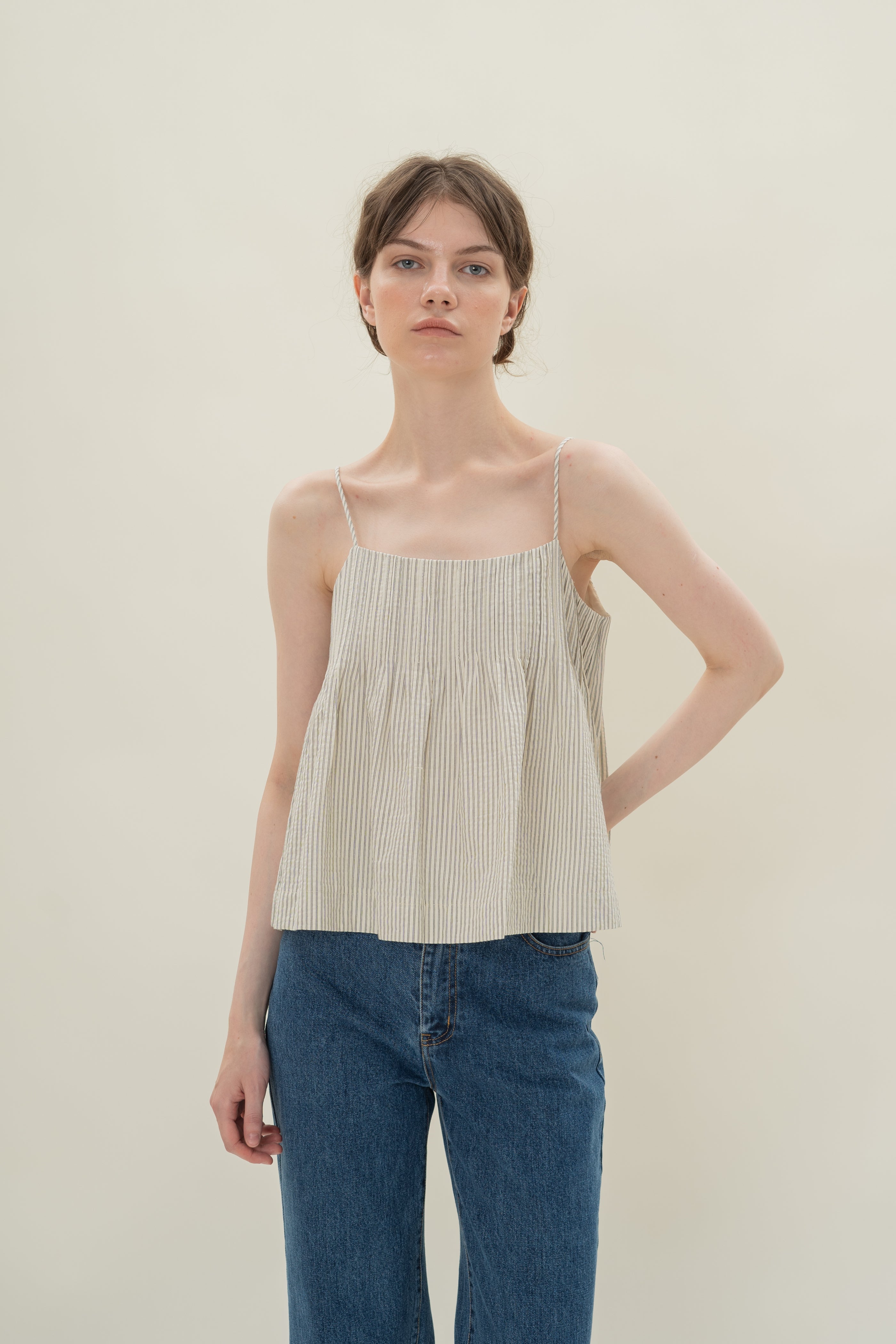 Pintuck Cami Top in Seersucker Blue Stripes
