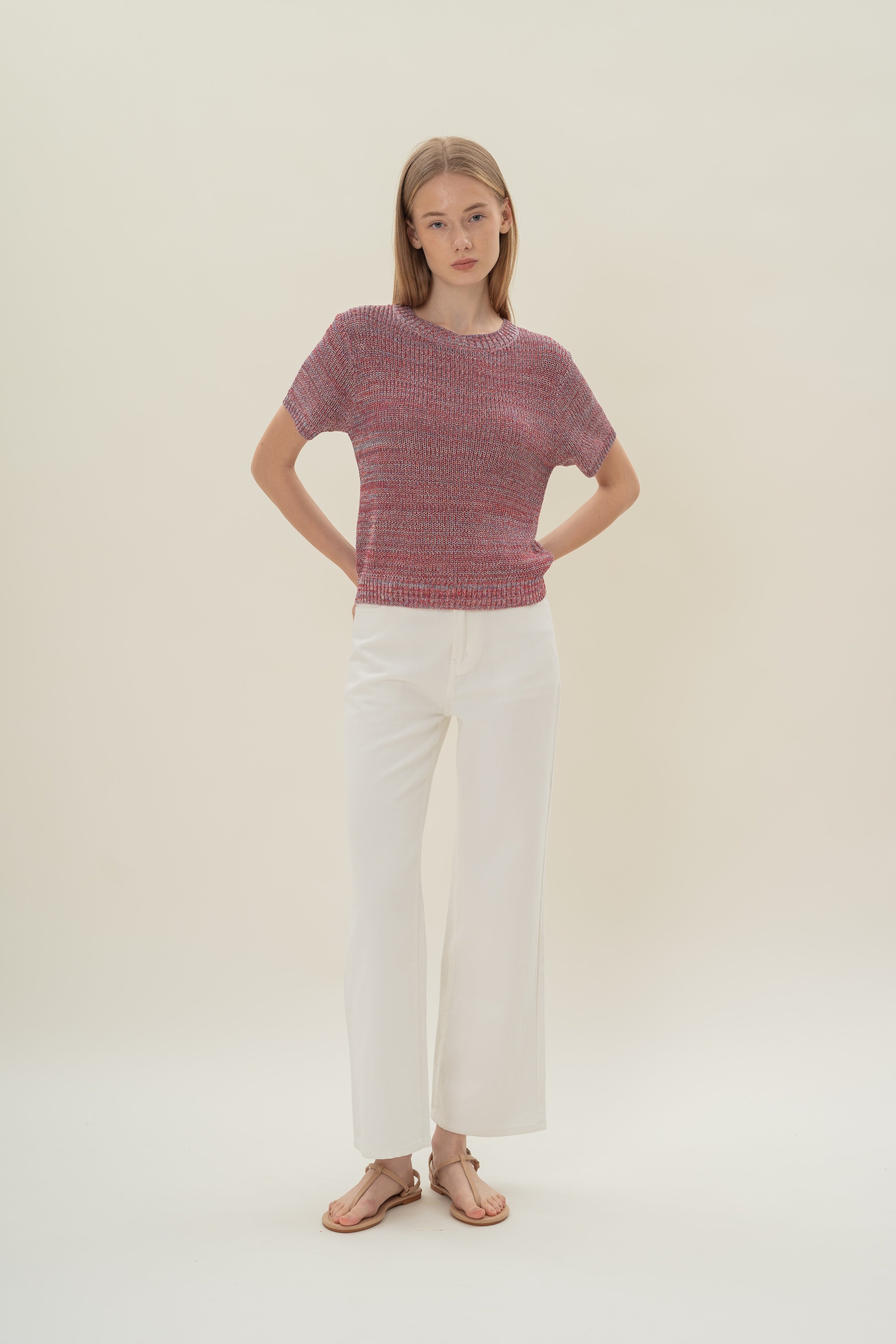 Round Neck Melange Knit Top in Red Valley