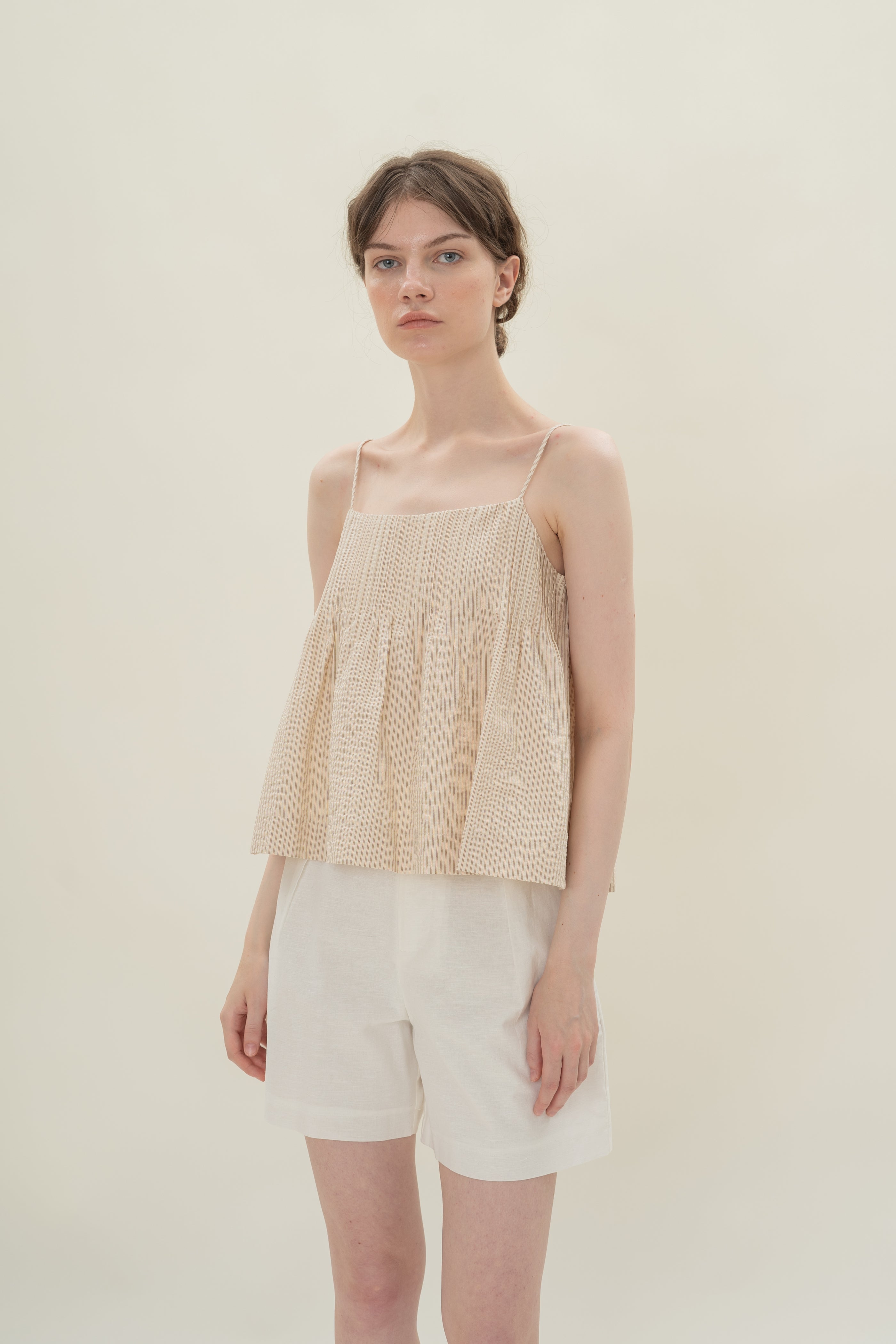 Pintuck Cami Top in Seersucker Brown Stripes