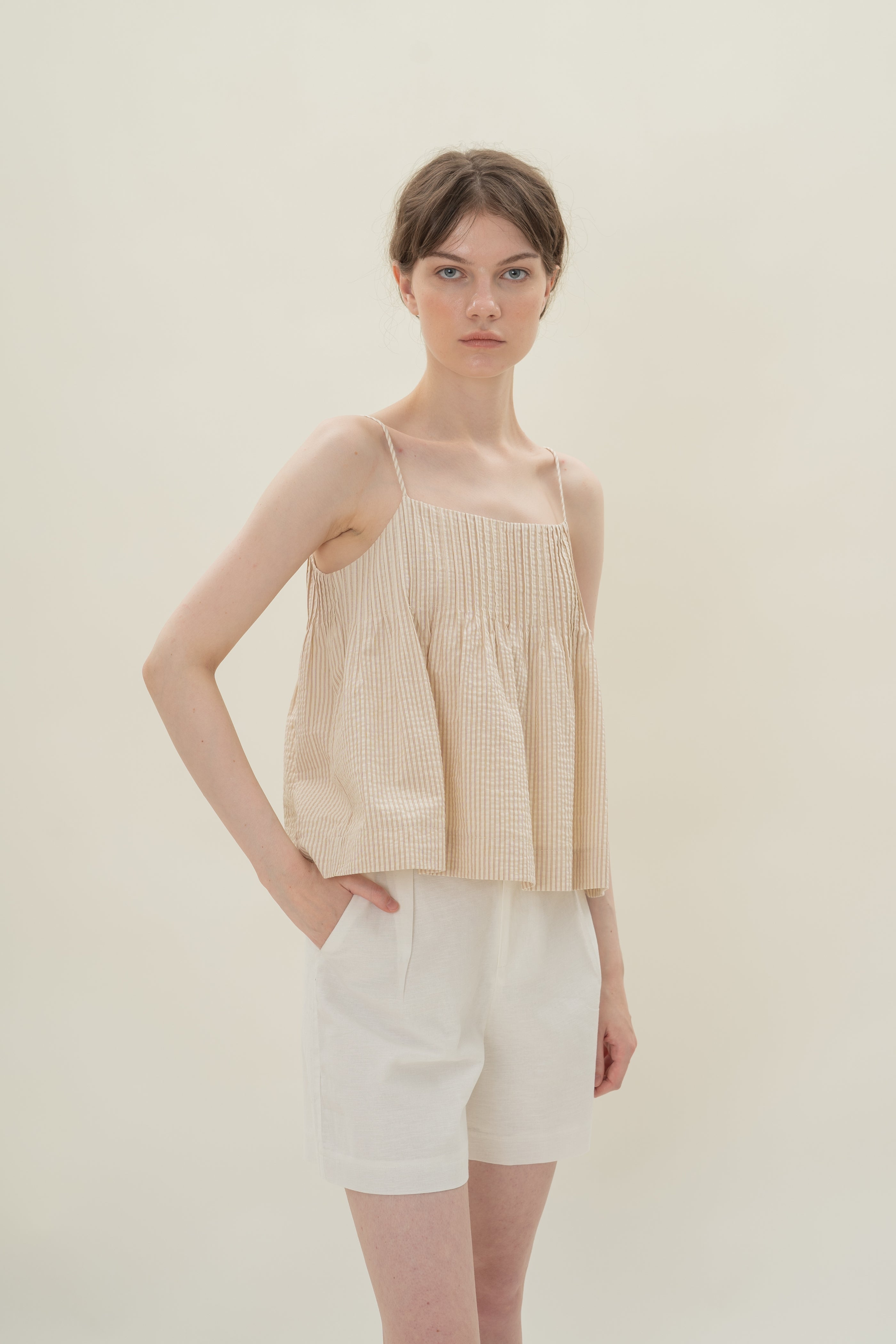 Pintuck Cami Top in Seersucker Brown Stripes