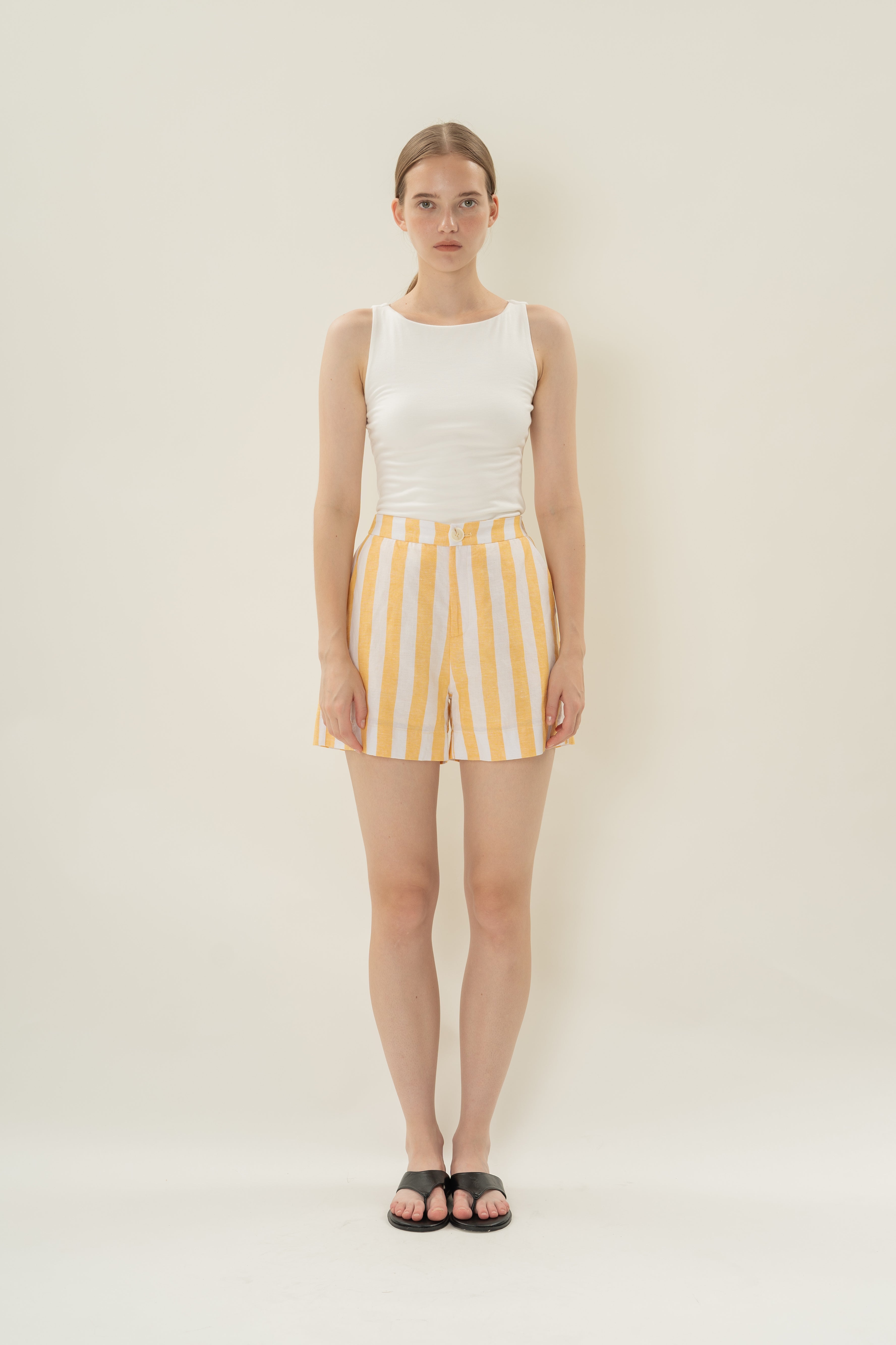 Tailored Elasticated Shorts in Yellow Stripes