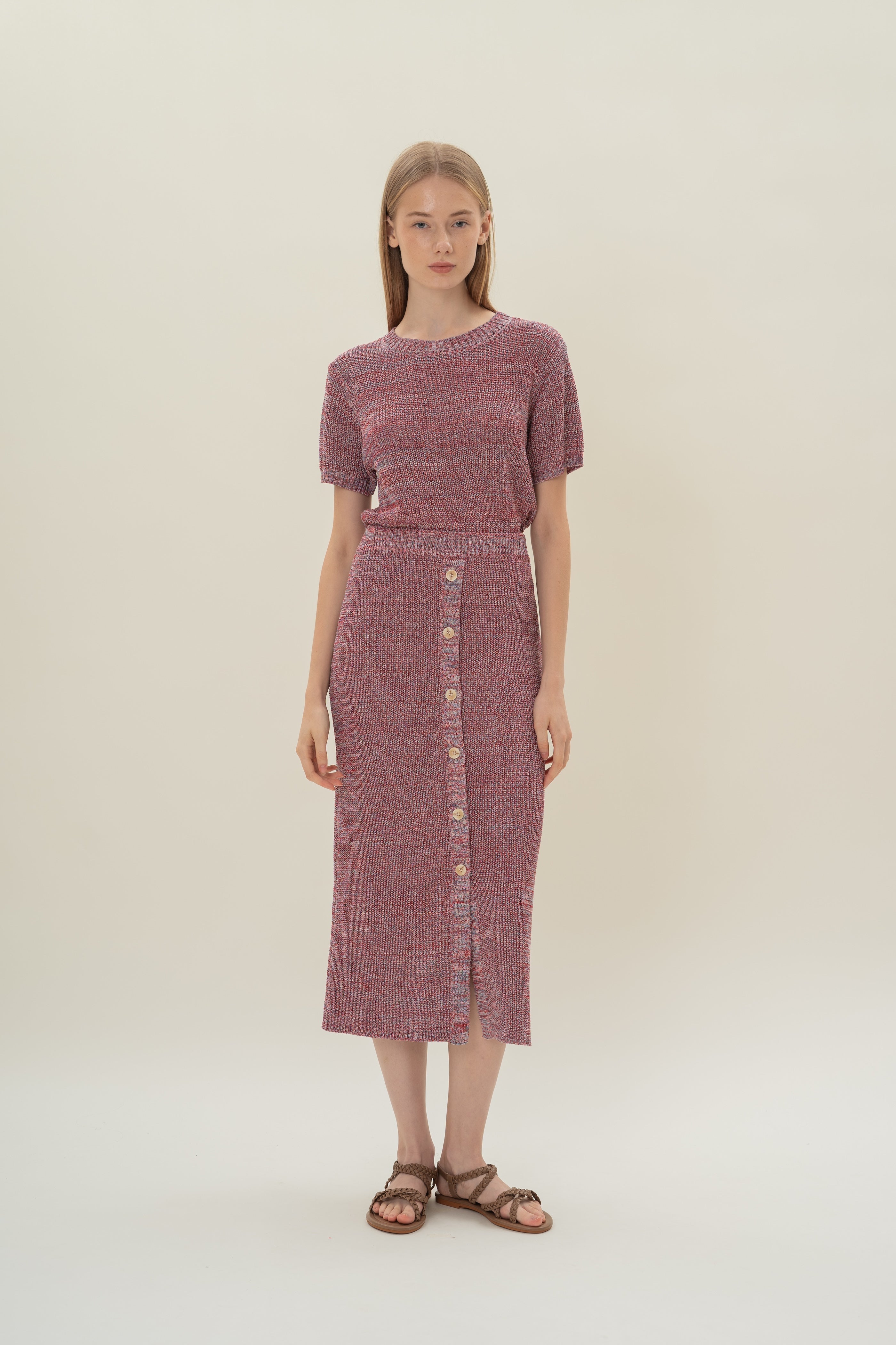 Button Melange Knit Skirt in Red Valley