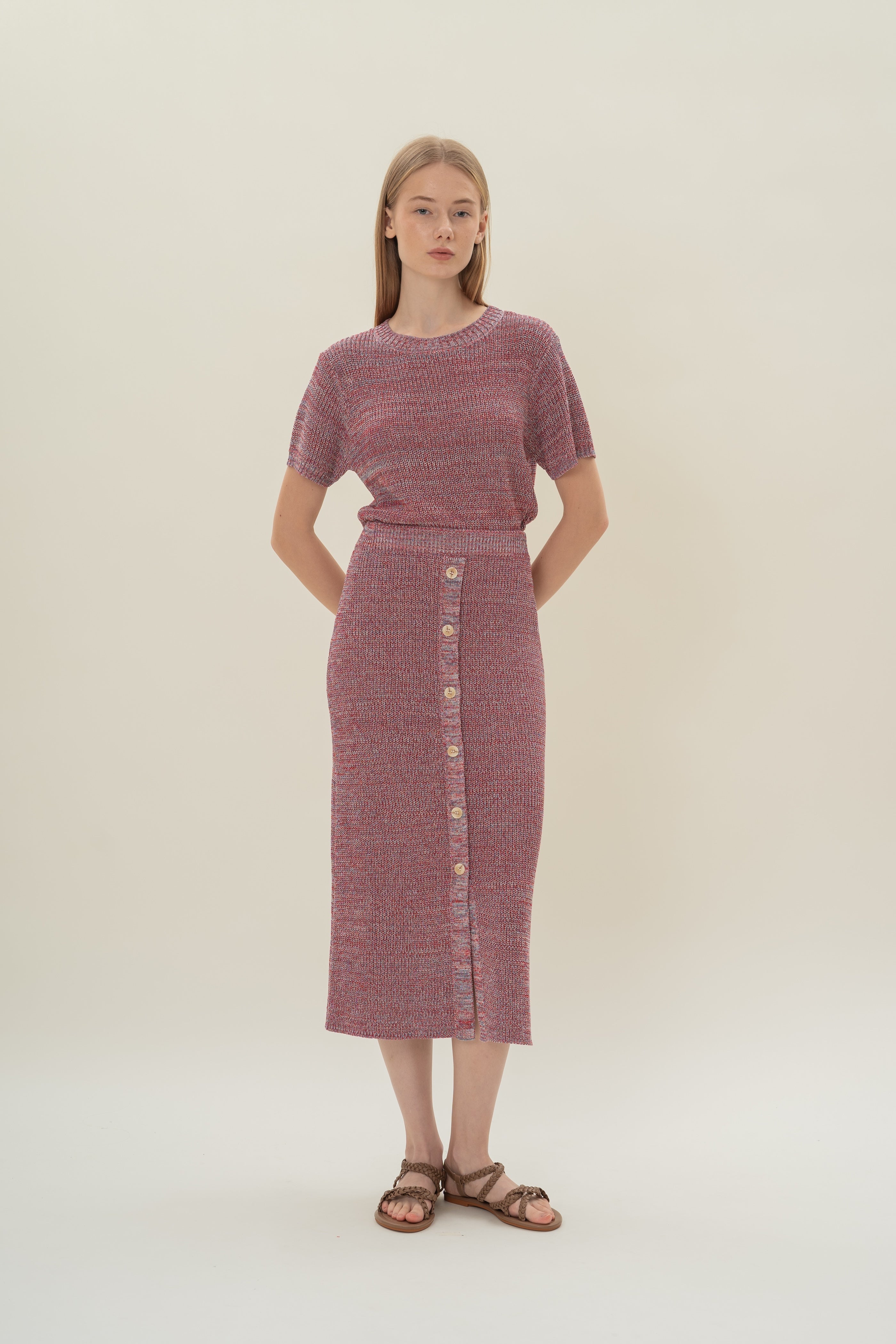 Button Melange Knit Skirt in Red Valley