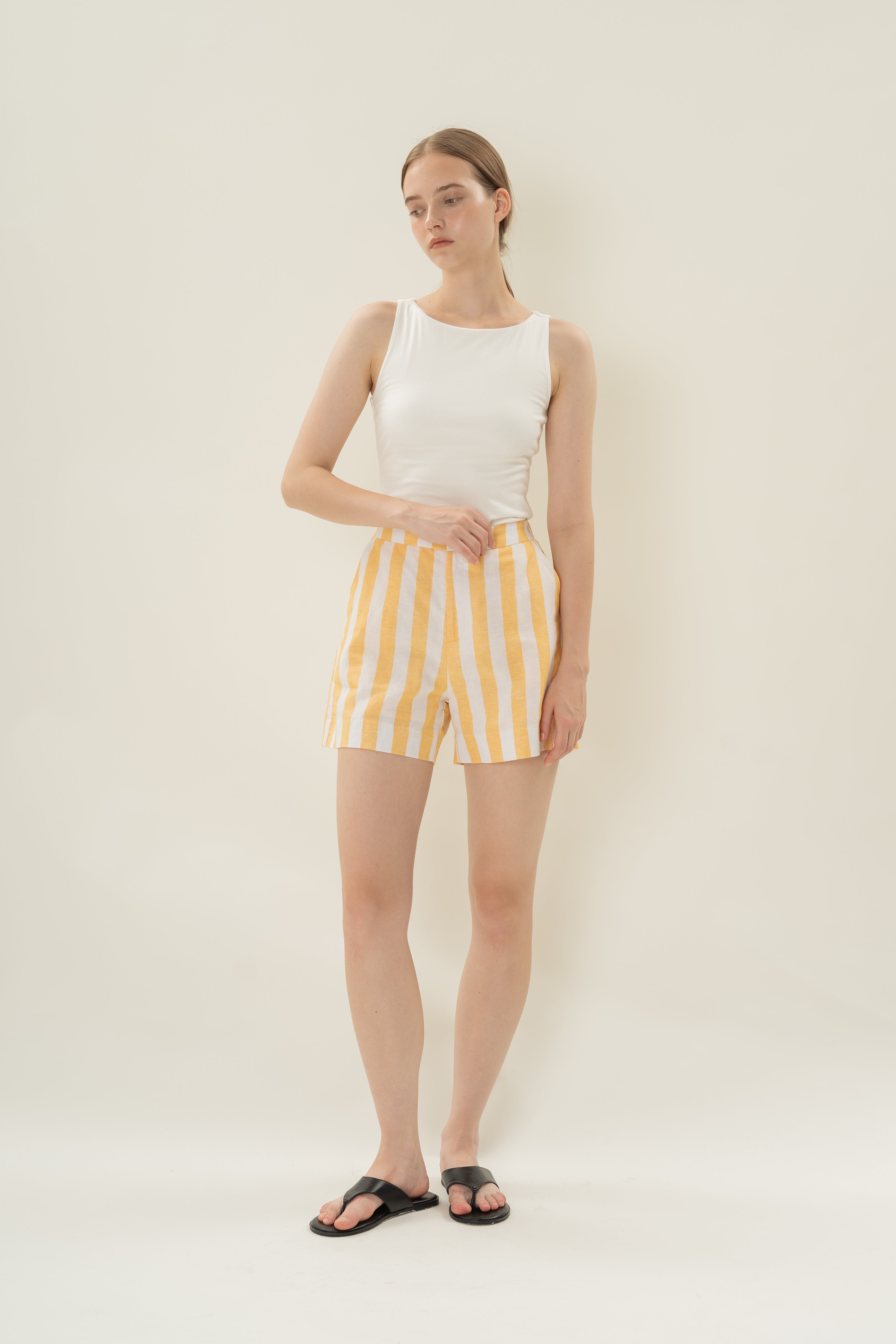 Tailored Elasticated Shorts in Yellow Stripes
