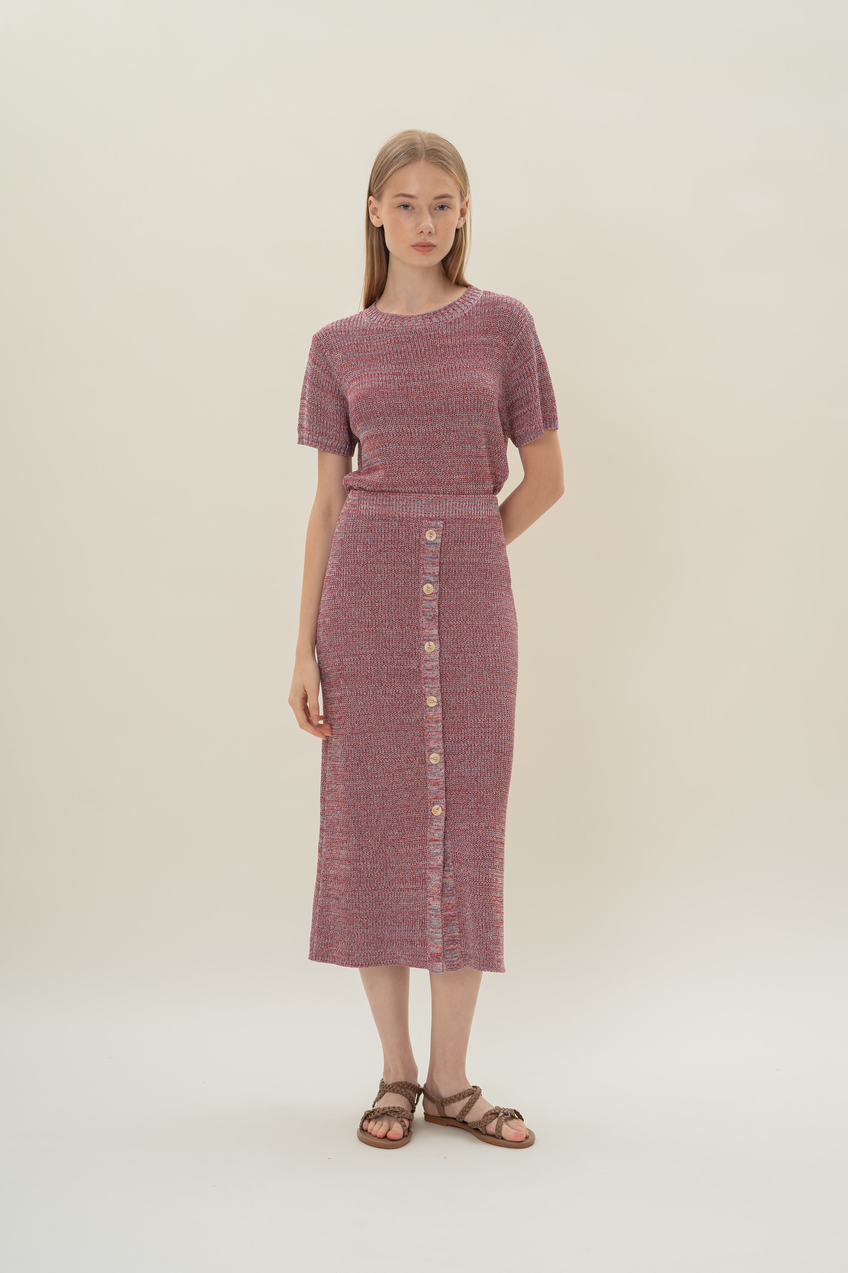 Button Melange Knit Skirt in Red Valley