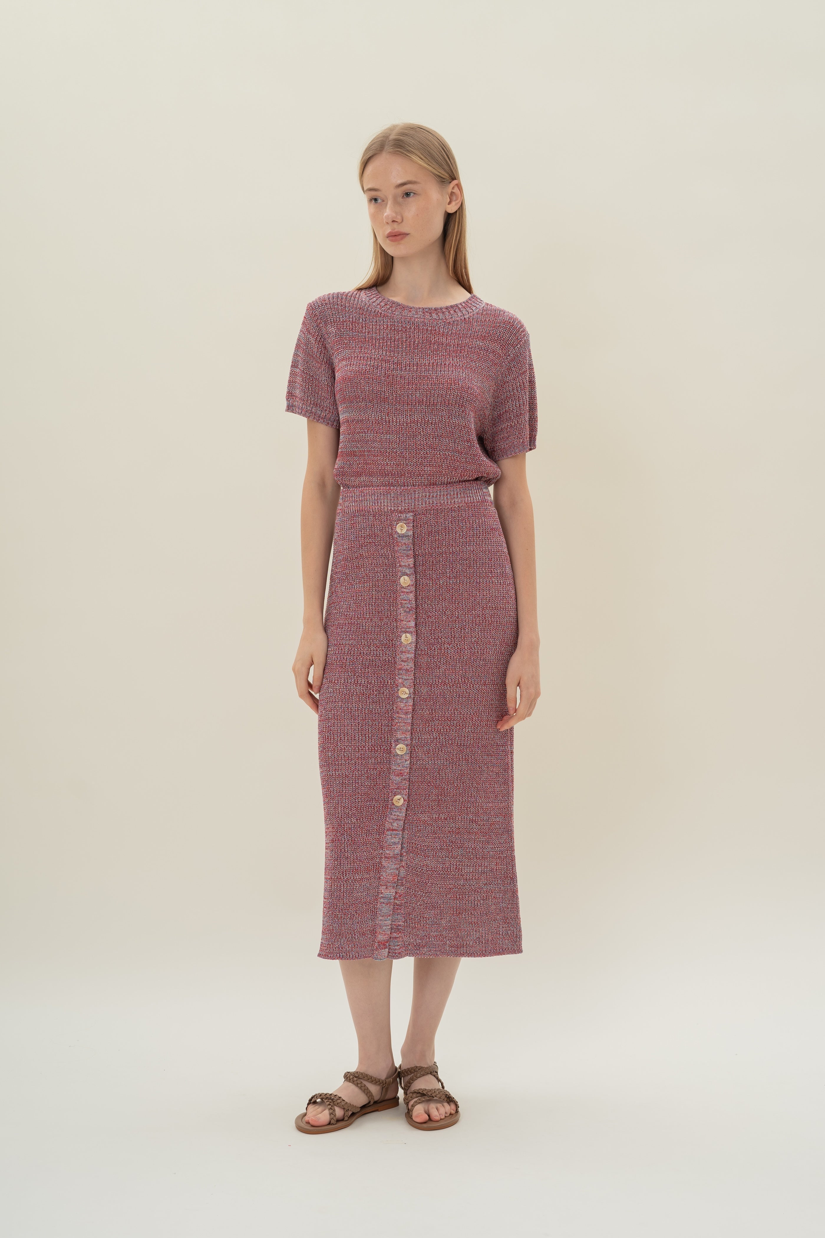 Button Melange Knit Skirt in Red Valley