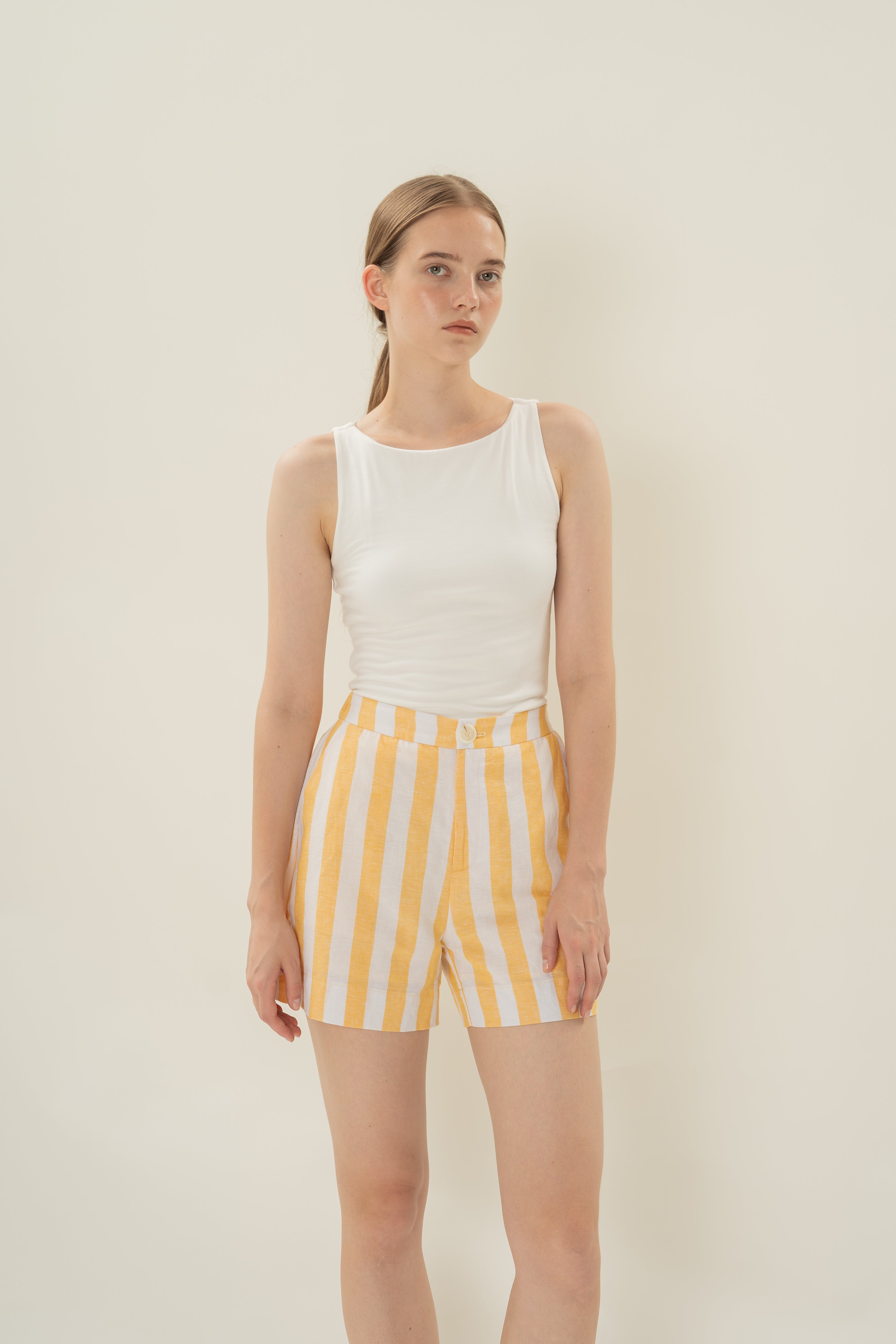 Tailored Elasticated Shorts in Yellow Stripes