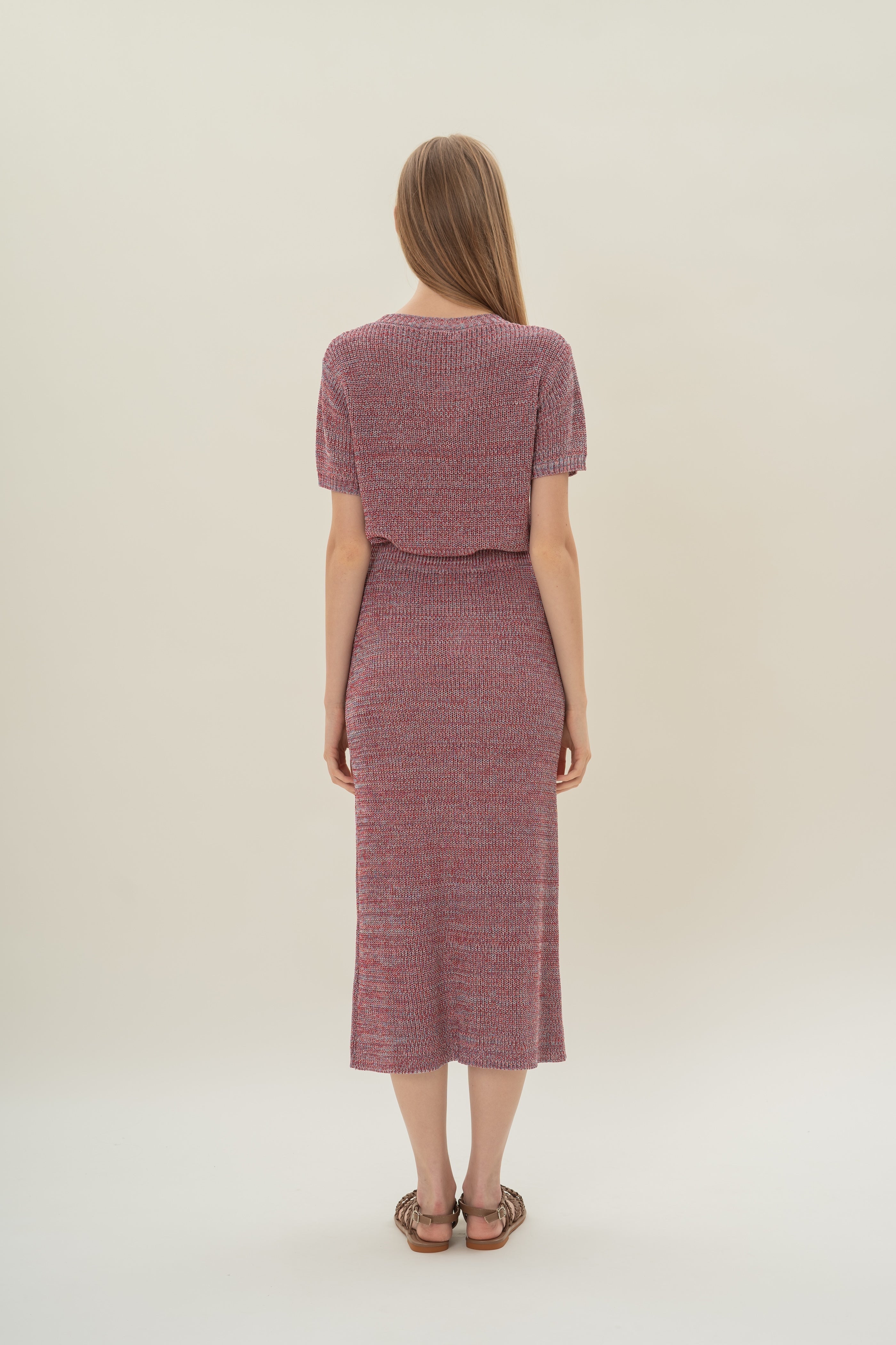 Button Melange Knit Skirt in Red Valley