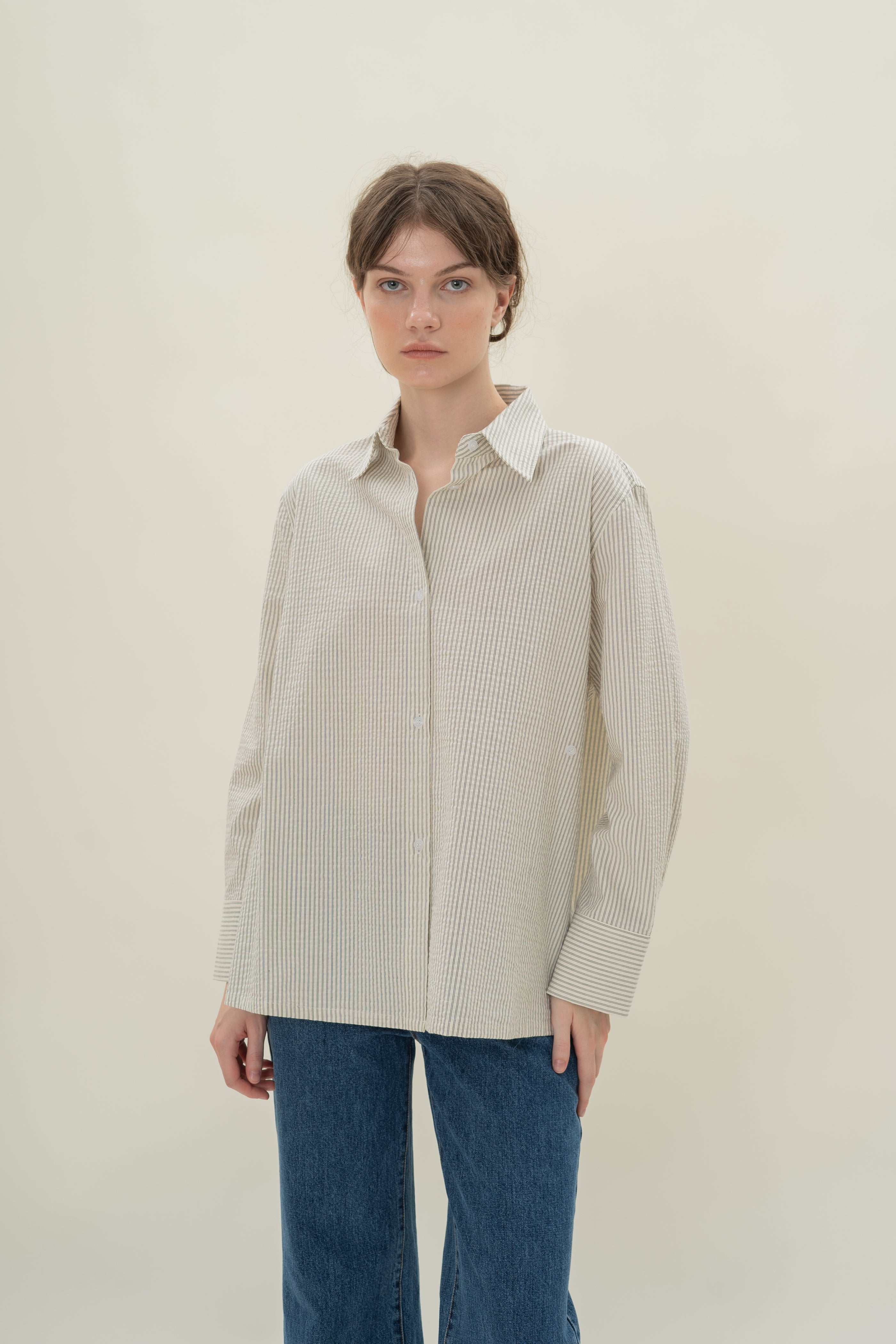 Oversized Wrap Shirt in Seersucker Blue Stripes